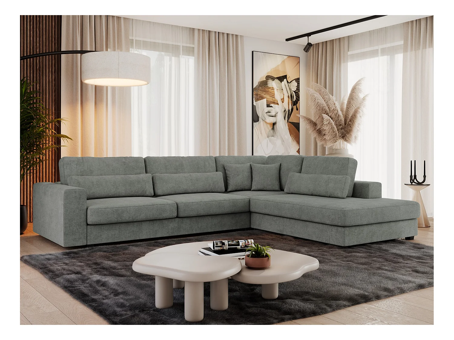 Ecksofa SAVONA - mit Armlehnen, lose Kissen, große L-förmige Ecke, Wohnlandschaft - Grau Strukture - Ecke Rechts