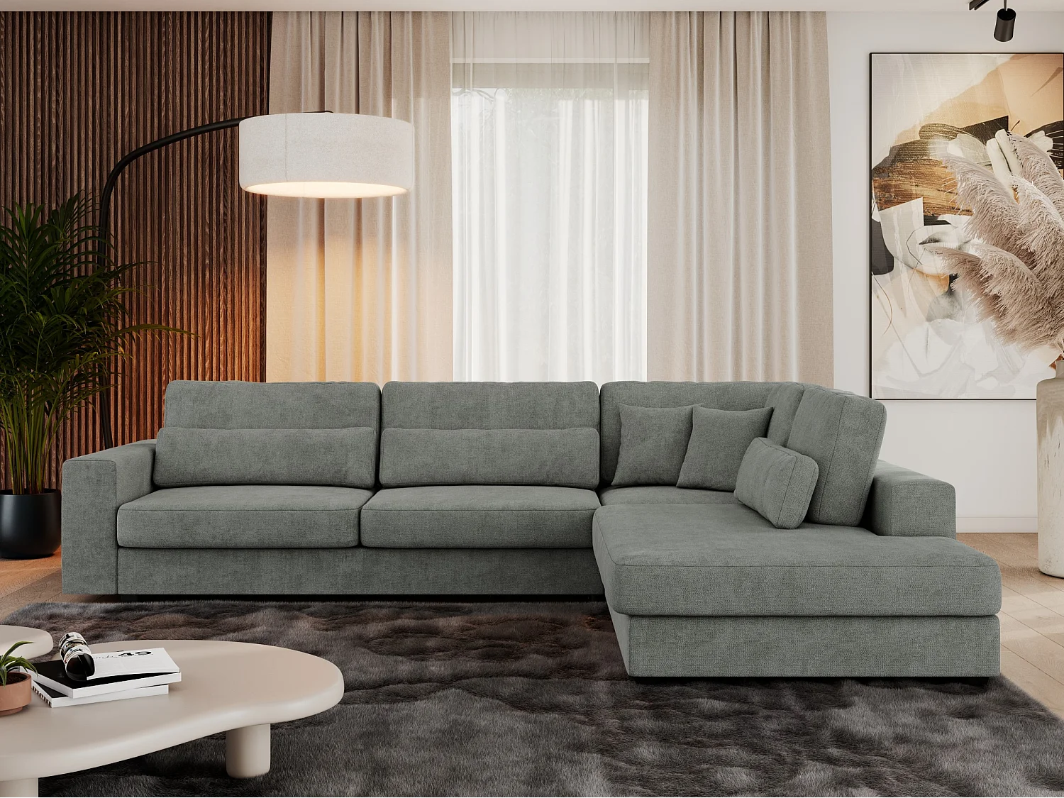 Ecksofa SAVONA - mit Armlehnen, lose Kissen, große L-förmige Ecke, Wohnlandschaft - Grau Strukture - Ecke Rechts