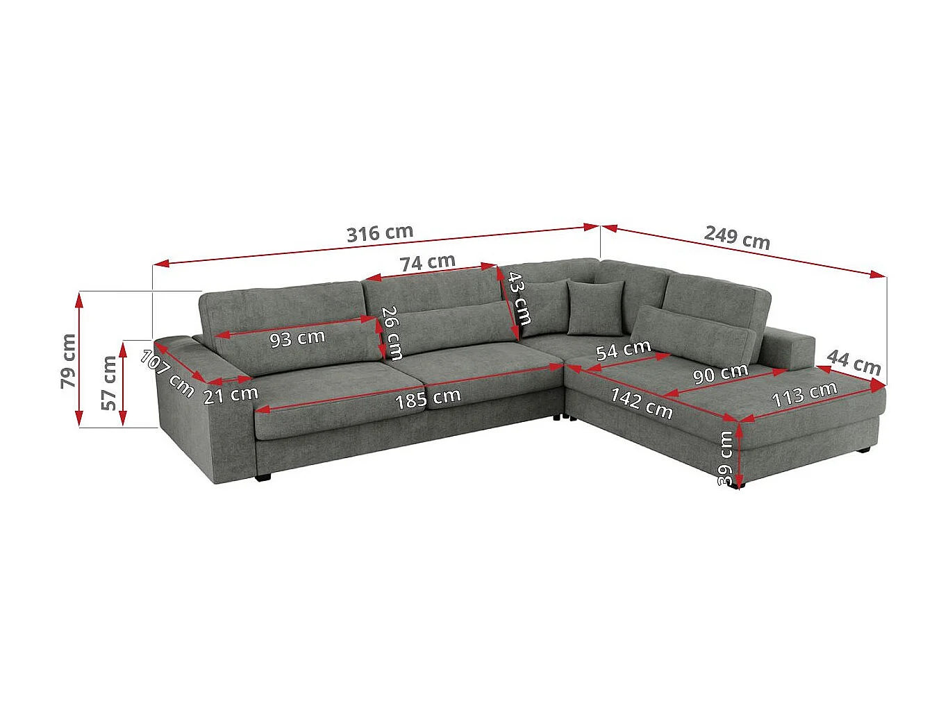 Ecksofa SAVONA - mit Armlehnen, lose Kissen, große L-förmige Ecke, Wohnlandschaft - Grau Strukture - Ecke Rechts