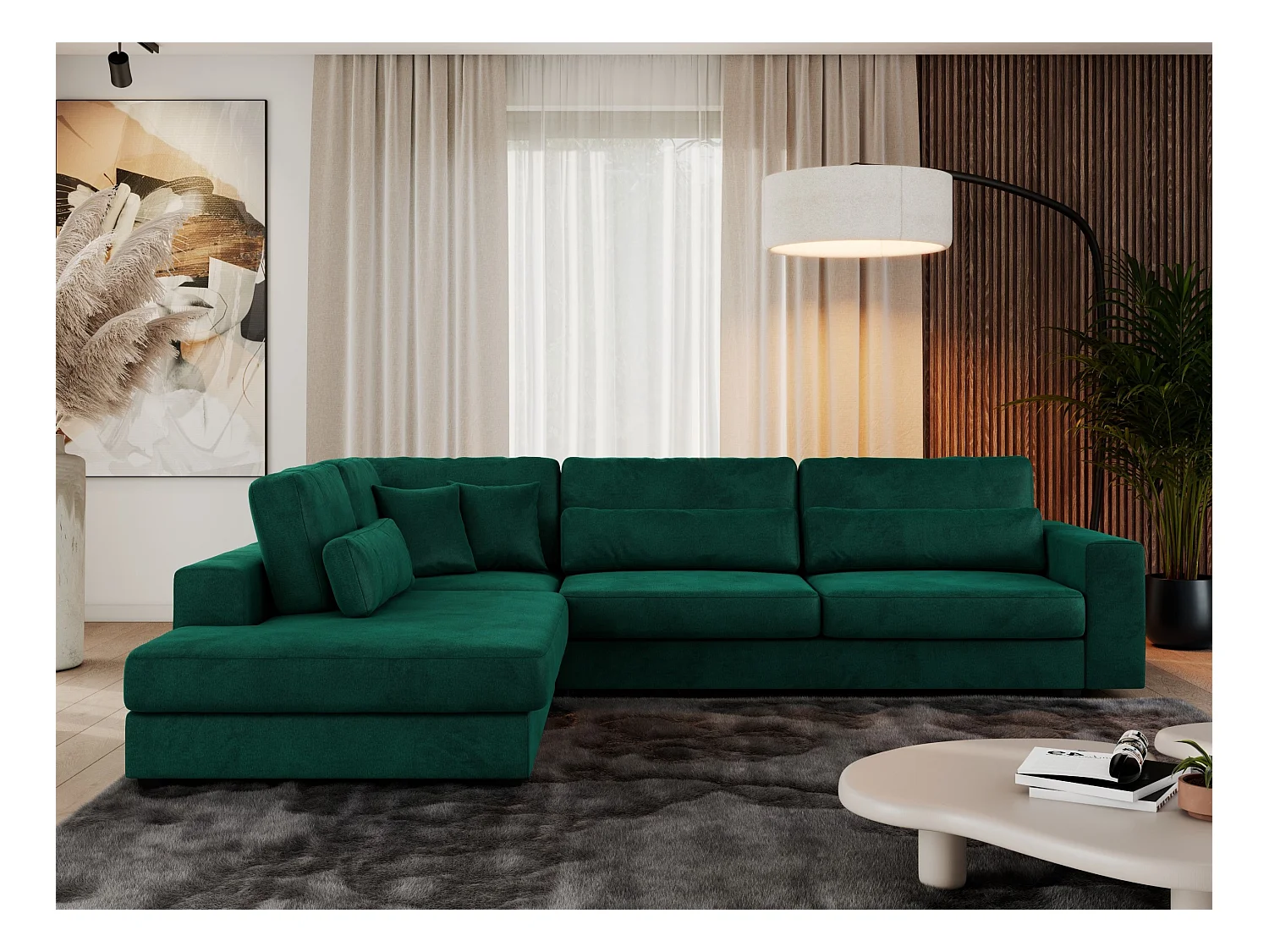 Ecksofa SAVONA - mit Armlehnen, lose Kissen, große L-förmige Ecke, Wohnlandschaft - Dunkelgrün Velvet - Ecke Links