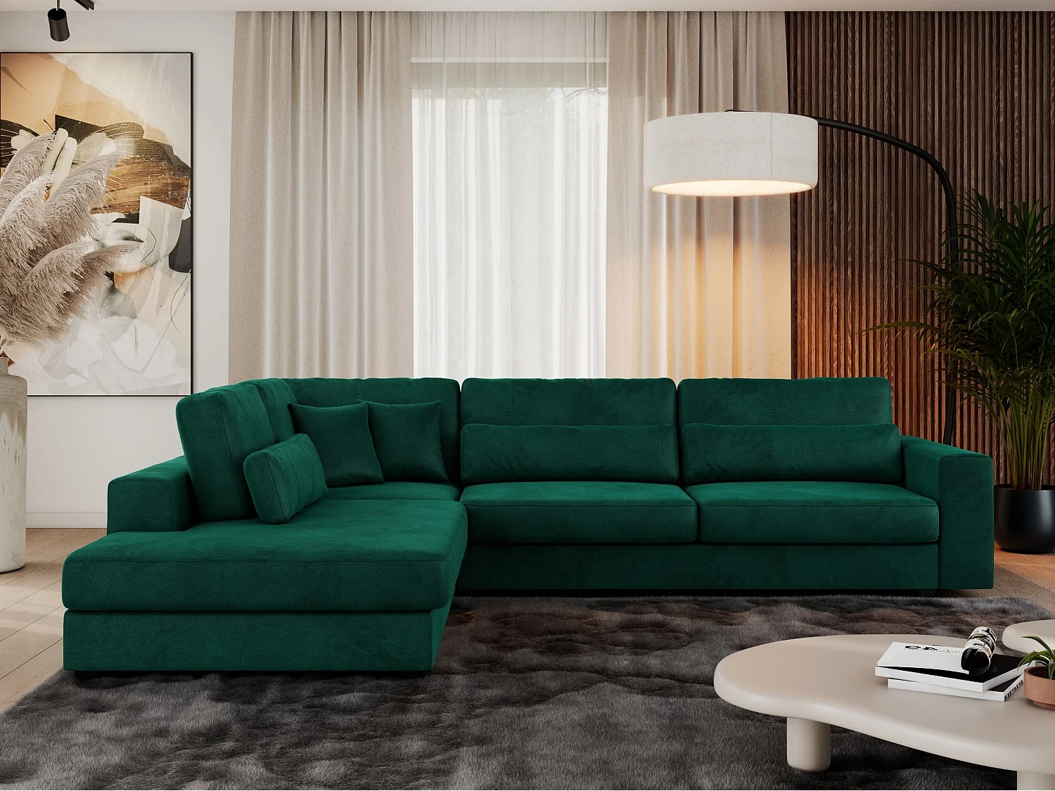 Ecksofa SAVONA - mit Armlehnen, lose Kissen, große L-förmige Ecke, Wohnlandschaft - Dunkelgrün Velvet - Ecke Links