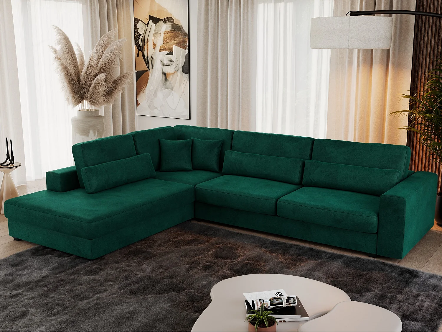 Ecksofa SAVONA - mit Armlehnen, lose Kissen, große L-förmige Ecke, Wohnlandschaft - Dunkelgrün Velvet - Ecke Links