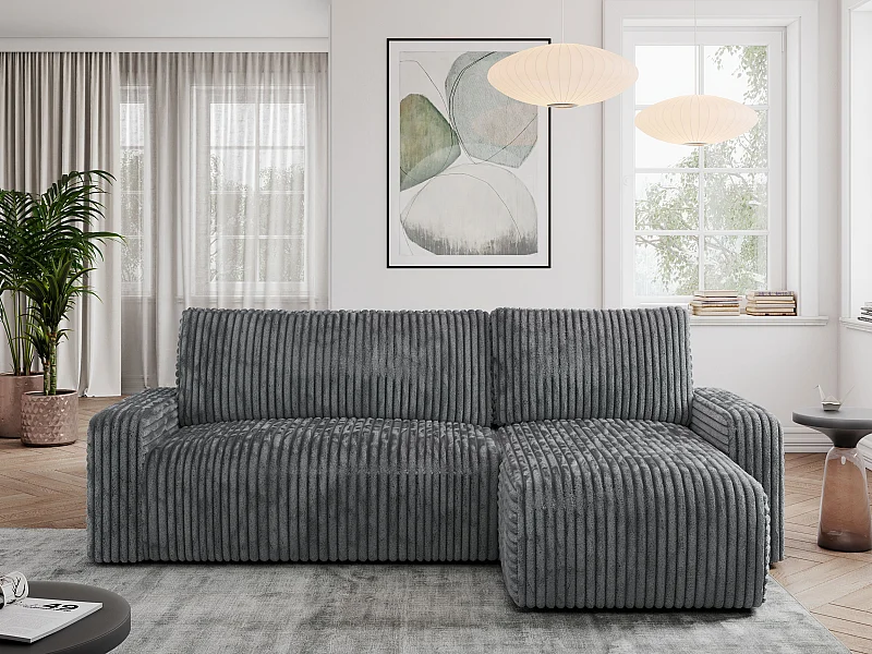 Ecksofa ARGOS - mit Schlaffunktion, Sofa mit armlehnen, Bettkasten, 3-Sitzer Sofa - Dunkelgrau Cord