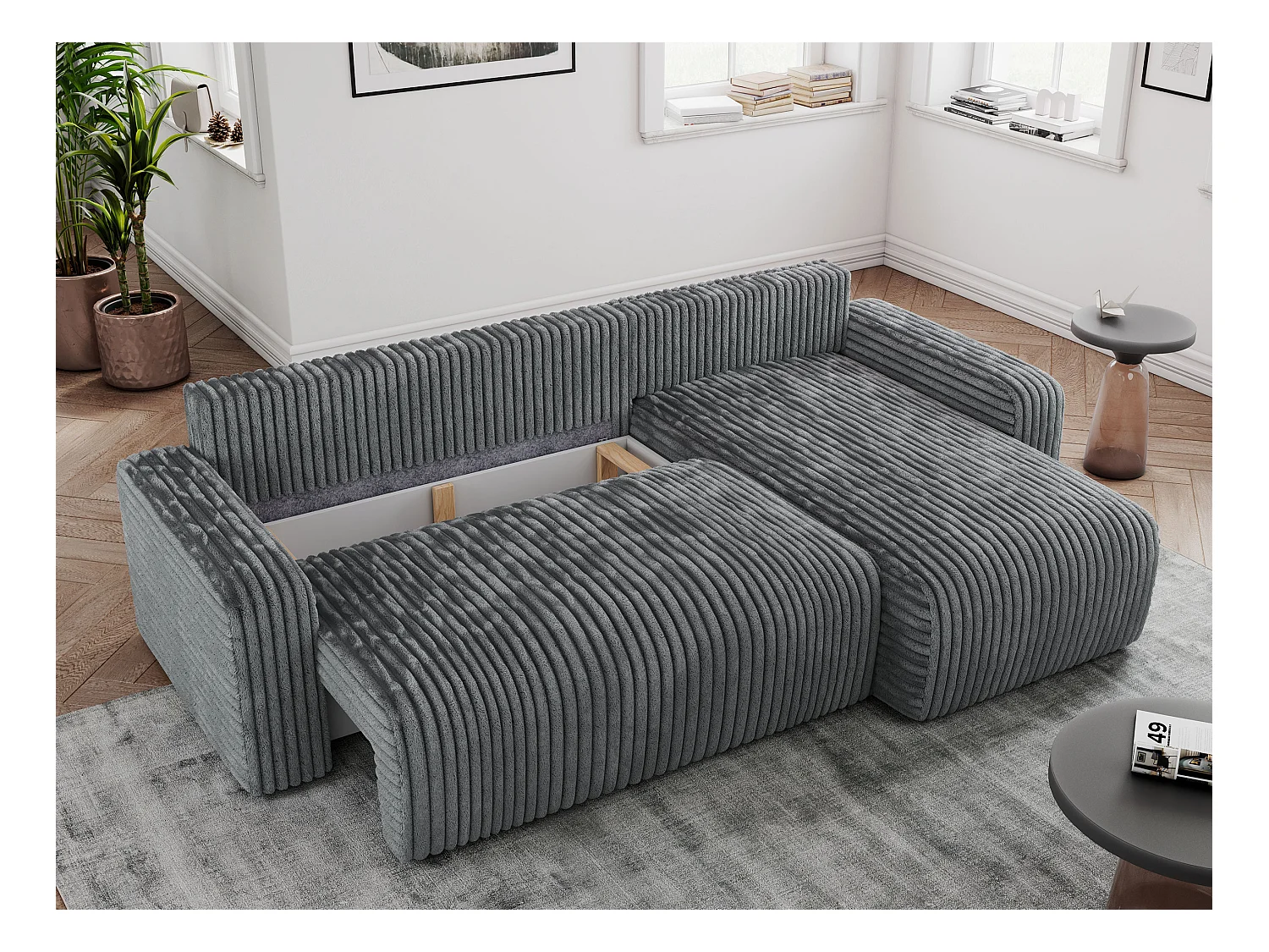 Ecksofa ARGOS - mit Schlaffunktion, Sofa mit armlehnen, Bettkasten, 3-Sitzer Sofa - Dunkelgrau Cord
