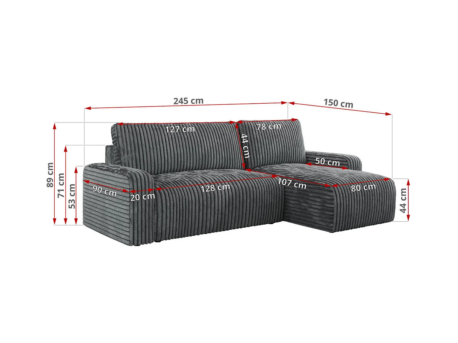 Ecksofa ARGOS - mit Schlaffunktion, Sofa mit armlehnen, Bettkasten, 3-Sitzer Sofa - Dunkelgrau Cord