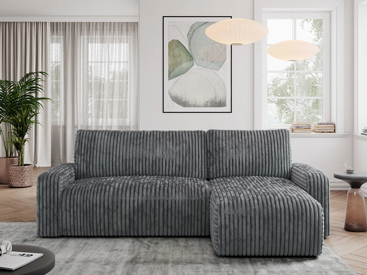 Ecksofa ARGOS - mit Schlaffunktion, Sofa mit armlehnen, Bettkasten, 3-Sitzer Sofa - Dunkelgrau Cord