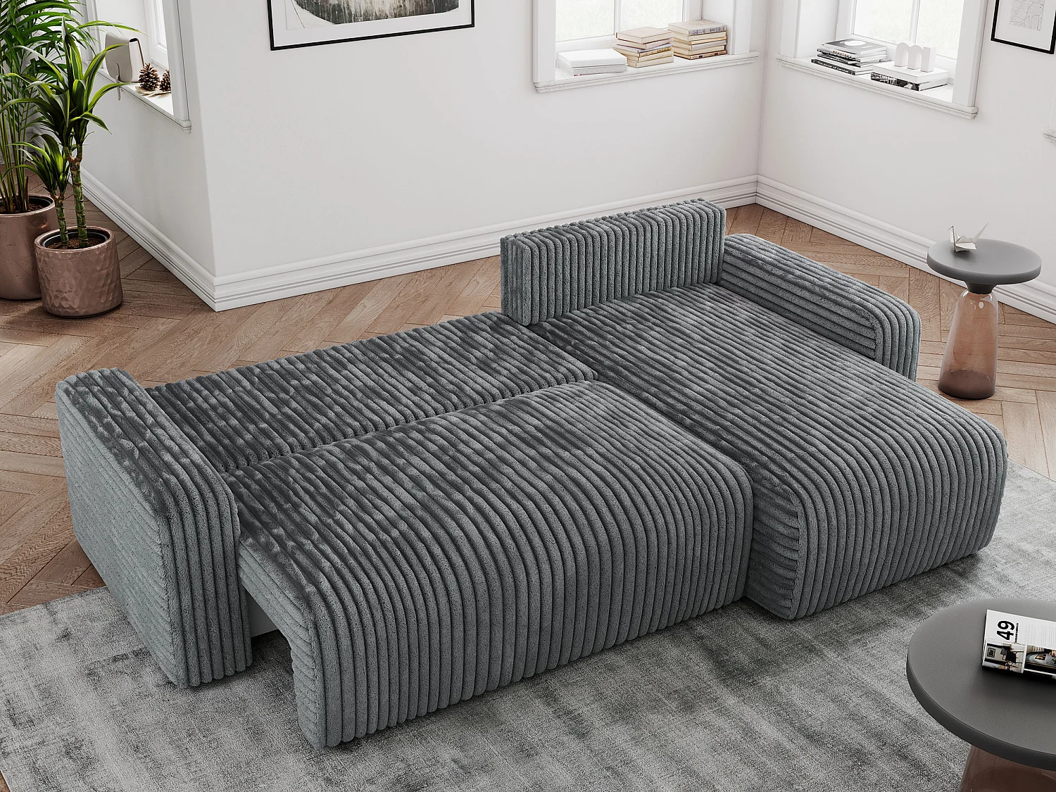Ecksofa ARGOS - mit Schlaffunktion, Sofa mit armlehnen, Bettkasten, 3-Sitzer Sofa - Dunkelgrau Cord