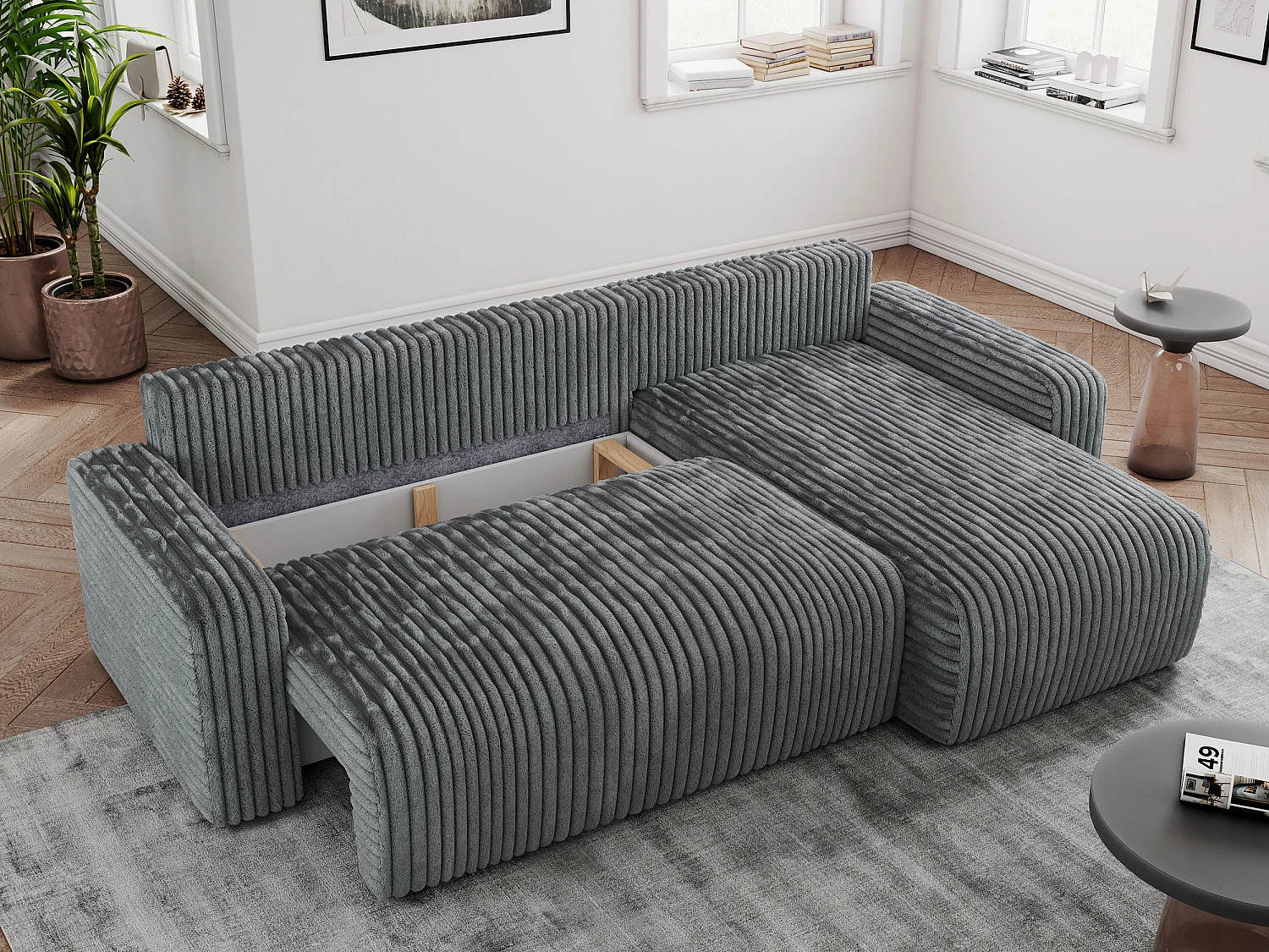 Ecksofa ARGOS - mit Schlaffunktion, Sofa mit armlehnen, Bettkasten, 3-Sitzer Sofa - Dunkelgrau Cord
