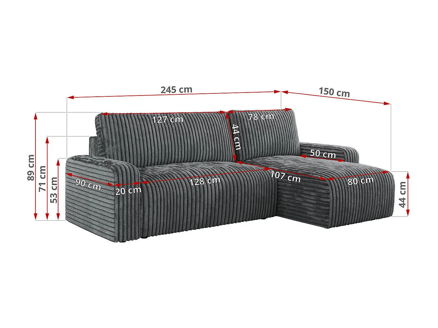 Ecksofa ARGOS - mit Schlaffunktion, Sofa mit armlehnen, Bettkasten, 3-Sitzer Sofa - Dunkelgrau Cord