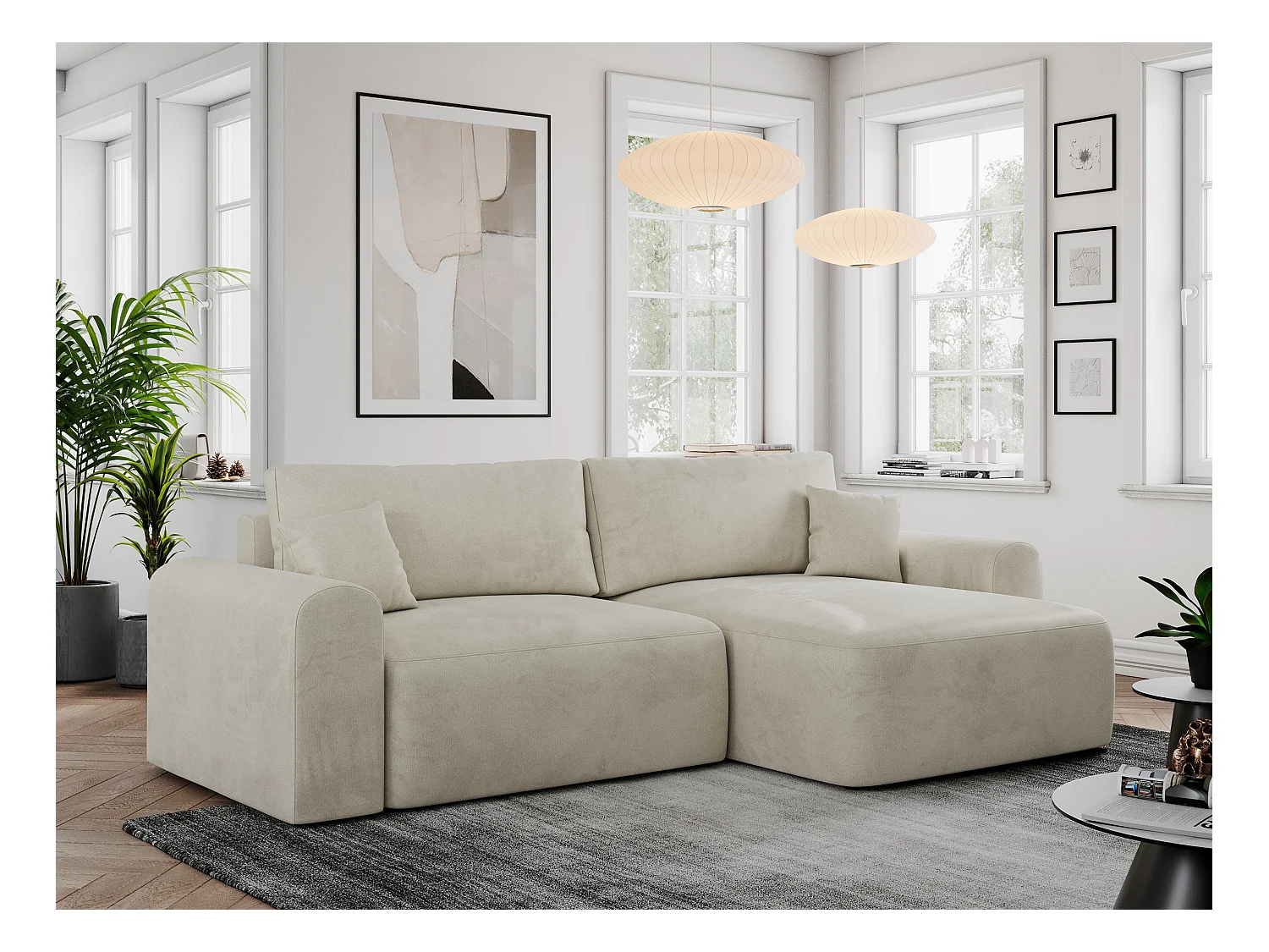 Ecksofa NELSON - Schlafcouch mit Armlehnen und Bettkasten, universelles L-förmige Ecksofa - Beige Velvet