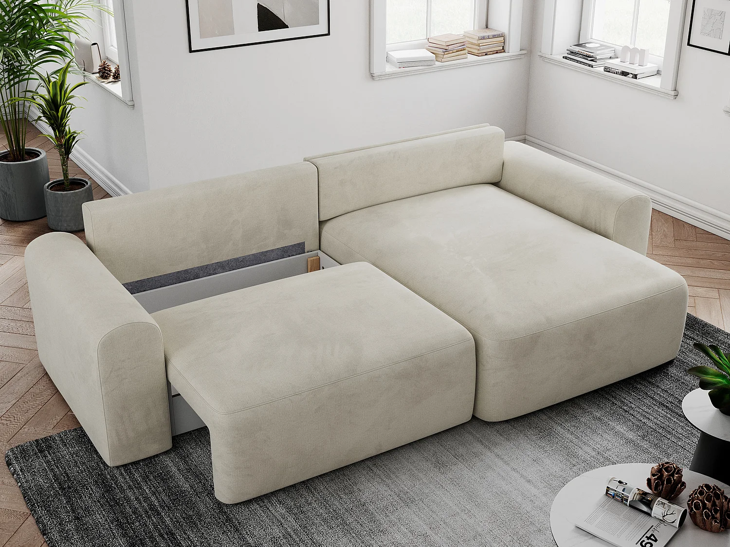 Ecksofa NELSON - Schlafcouch mit Armlehnen und Bettkasten, universelles L-förmige Ecksofa - Beige Velvet