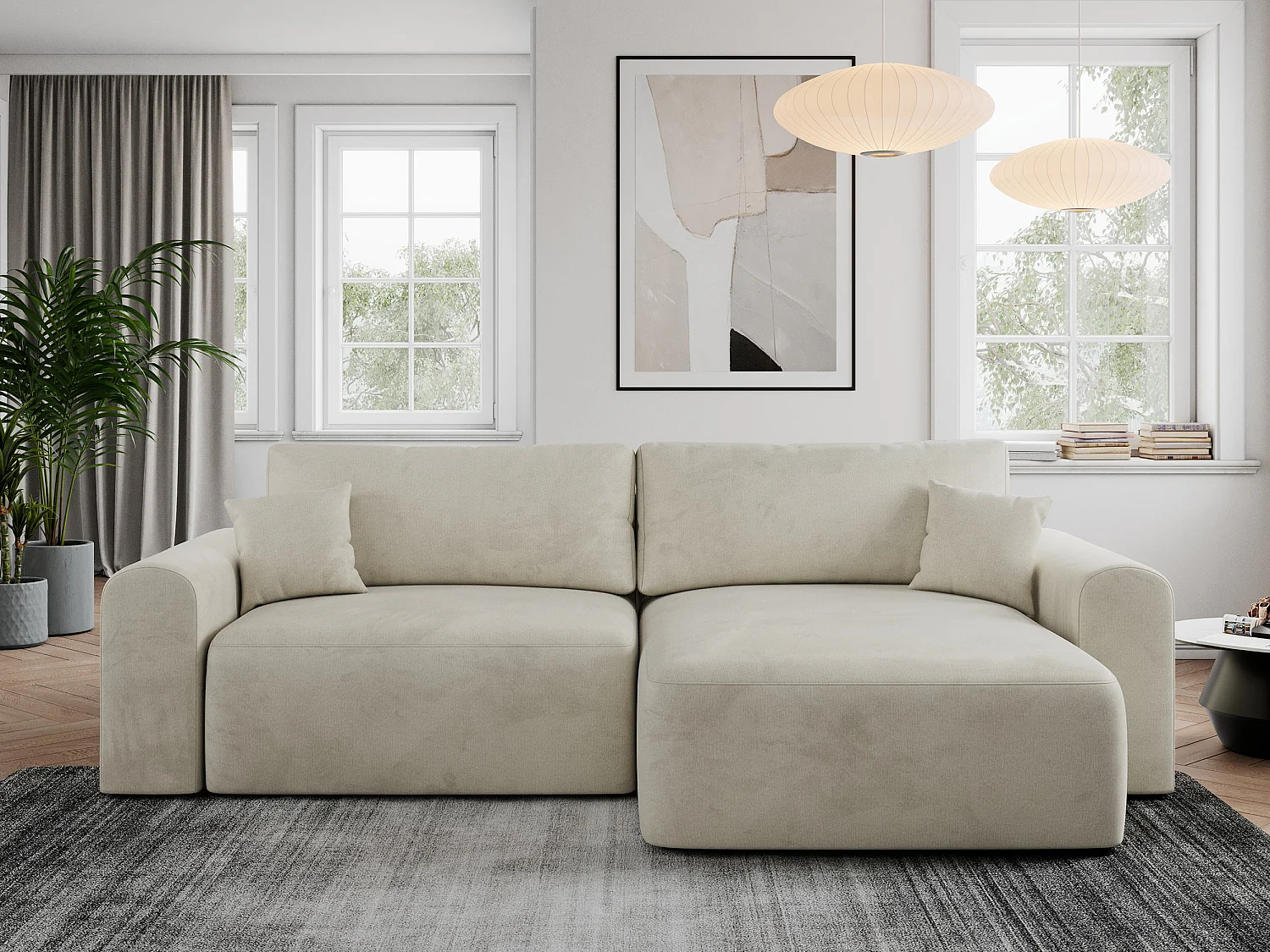 Ecksofa NELSON - Schlafcouch mit Armlehnen und Bettkasten, universelles L-förmige Ecksofa - Beige Velvet