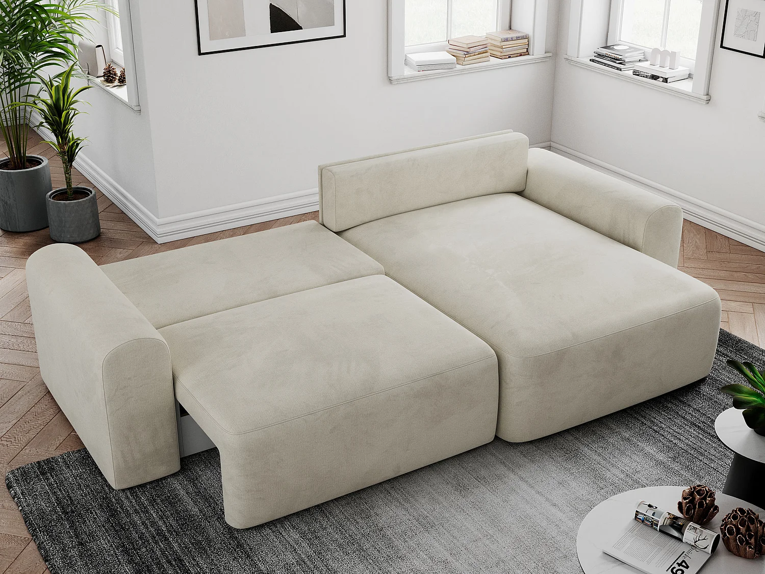 Ecksofa NELSON - Schlafcouch mit Armlehnen und Bettkasten, universelles L-förmige Ecksofa - Beige Velvet