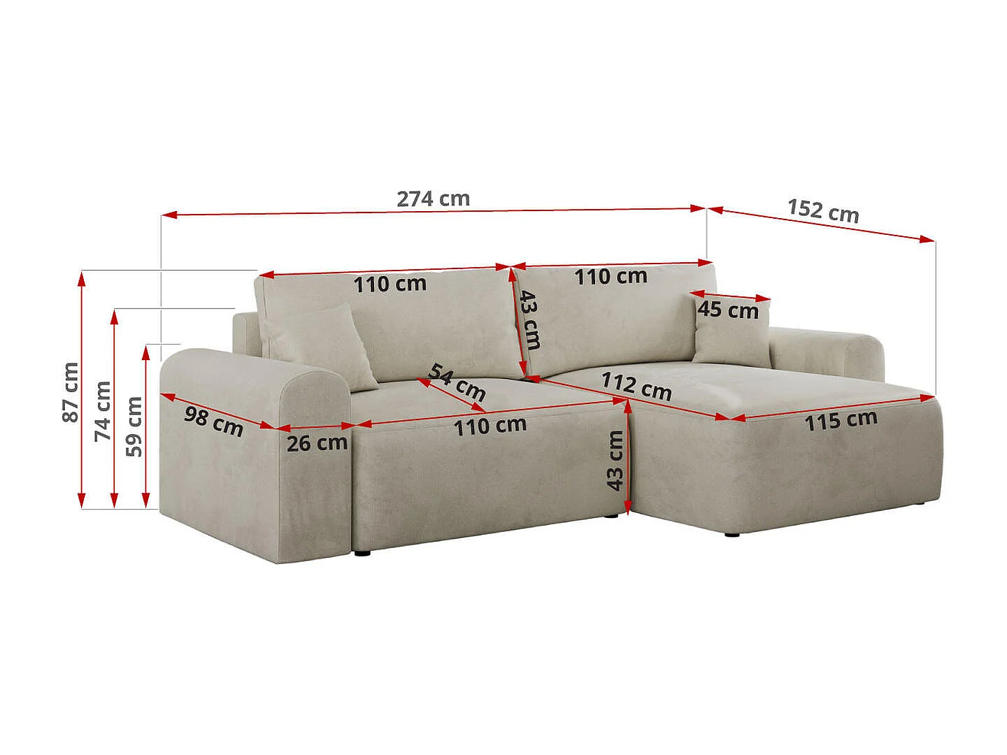 Ecksofa NELSON - Schlafcouch mit Armlehnen und Bettkasten, universelles L-förmige Ecksofa - Beige Velvet