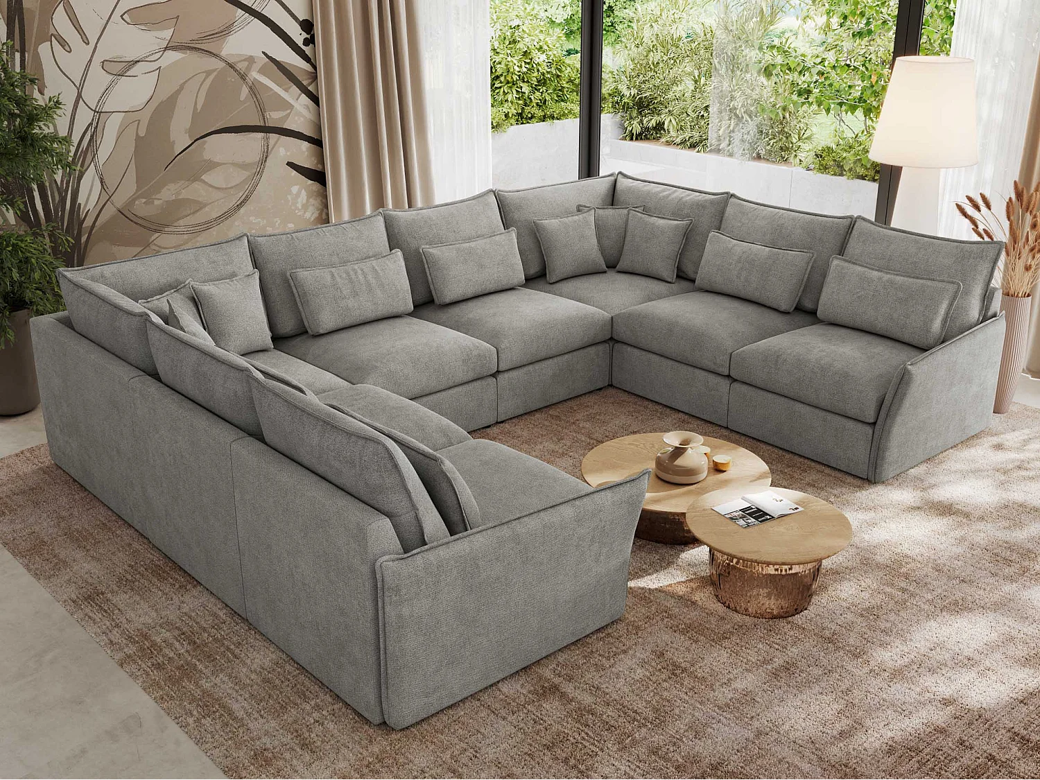 Ecksofa VERSO U8M - modulare U-förmige Ecke mit Armlehnen, Wohnlandschaft, Ecksofa XXL, lose Kissen - Hellgrau Struktur