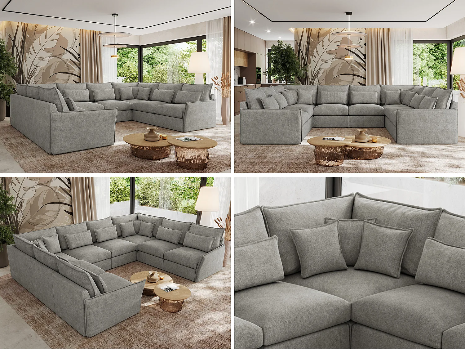 Ecksofa VERSO U8M - modulare U-förmige Ecke mit Armlehnen, Wohnlandschaft, Ecksofa XXL, lose Kissen - Hellgrau Struktur