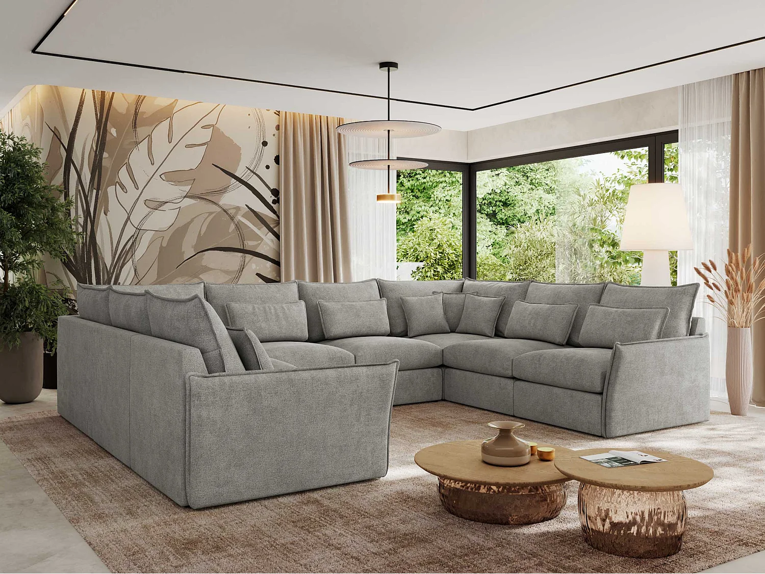 Ecksofa VERSO U8M - modulare U-förmige Ecke mit Armlehnen, Wohnlandschaft, Ecksofa XXL, lose Kissen - Hellgrau Struktur