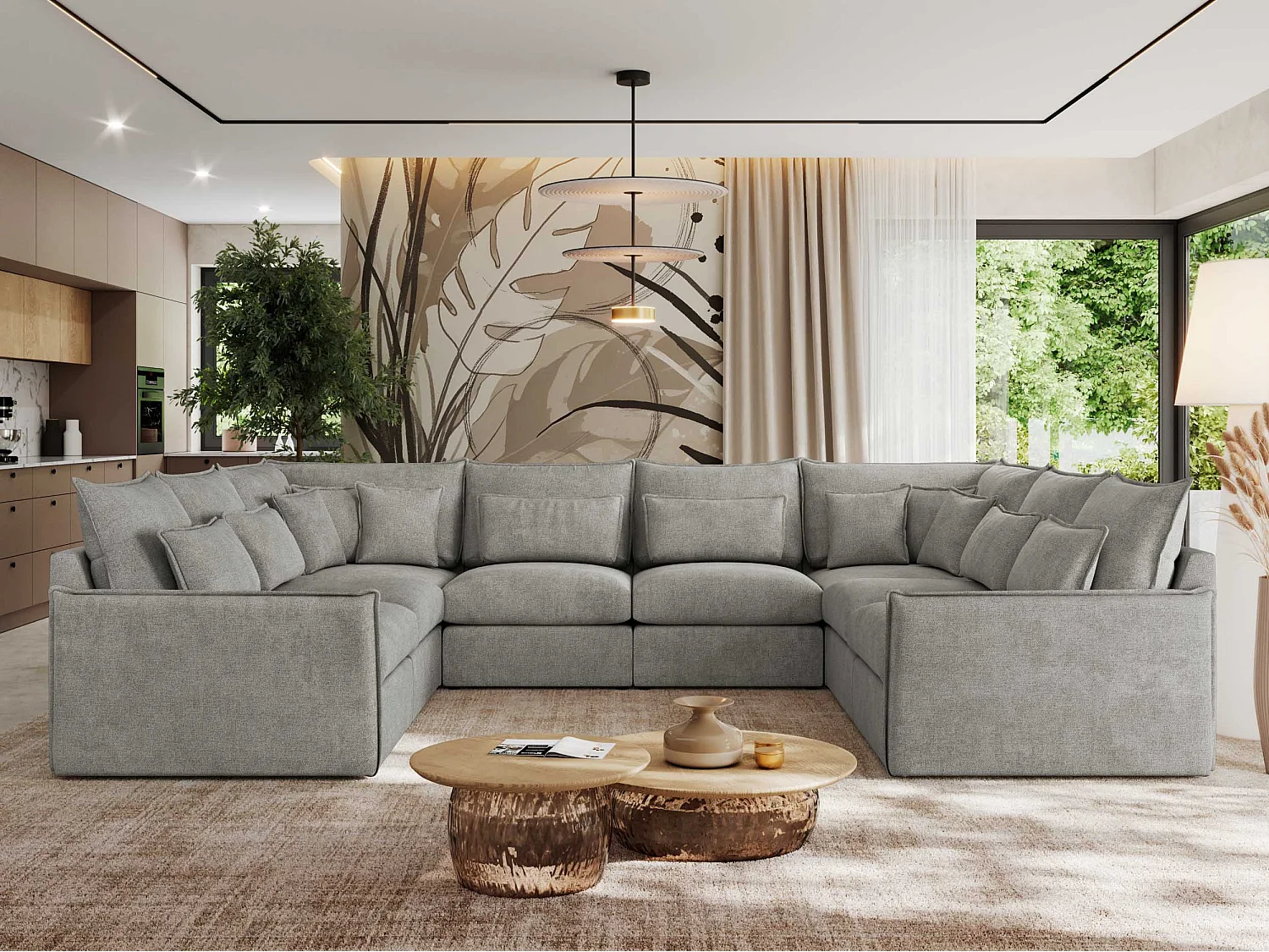 Ecksofa VERSO U8M - modulare U-förmige Ecke mit Armlehnen, Wohnlandschaft, Ecksofa XXL, lose Kissen - Hellgrau Struktur