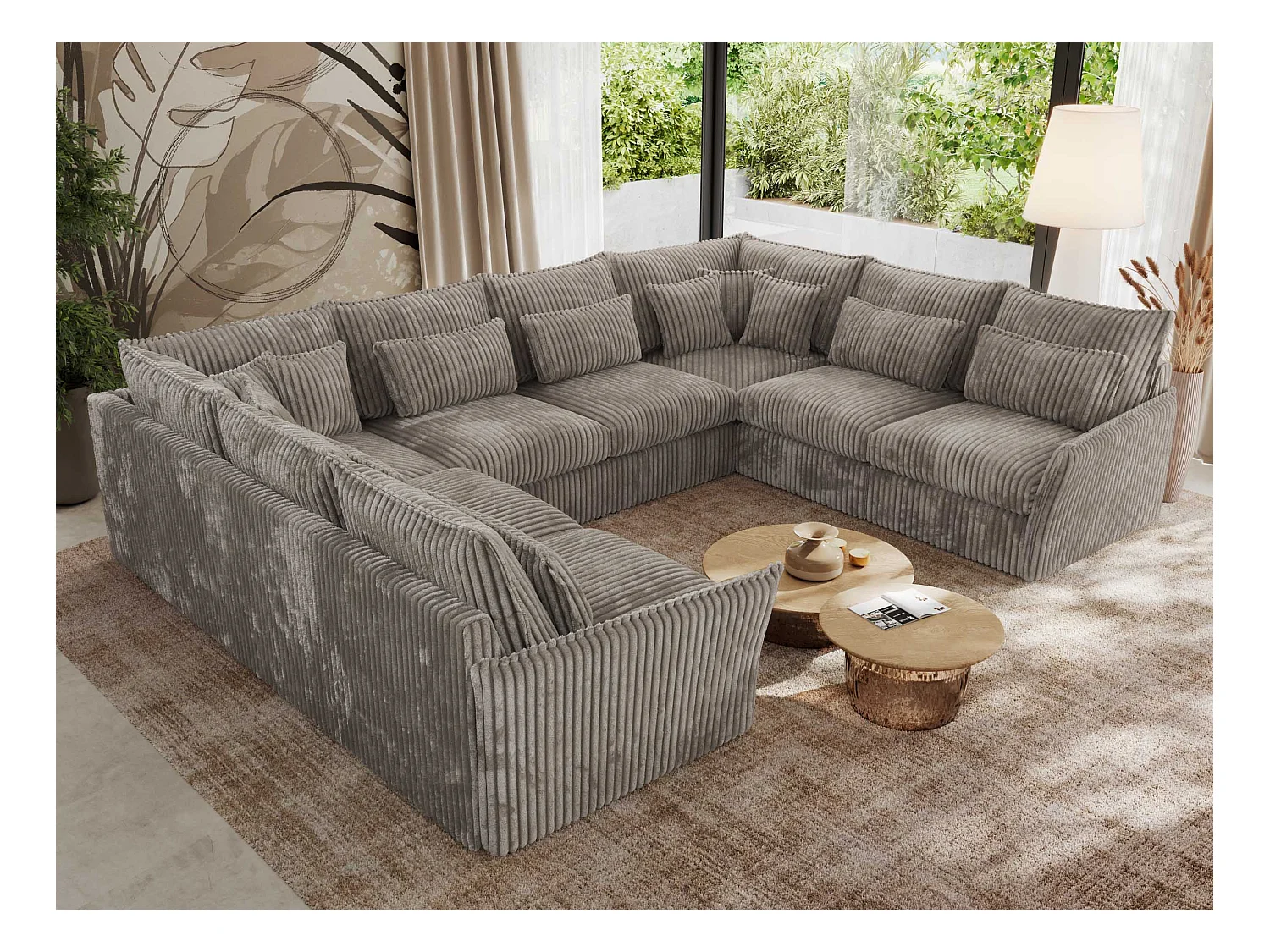 Ecksofa VERSO U8M - modulare U-förmige Ecke mit Armlehnen, Wohnlandschaft, Ecksofa XXL, lose Kissen - Hellbraun Cord