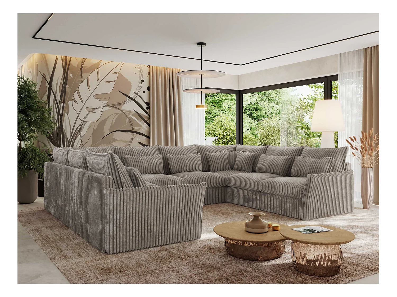 Ecksofa VERSO U8M - modulare U-förmige Ecke mit Armlehnen, Wohnlandschaft, Ecksofa XXL, lose Kissen - Hellbraun Cord