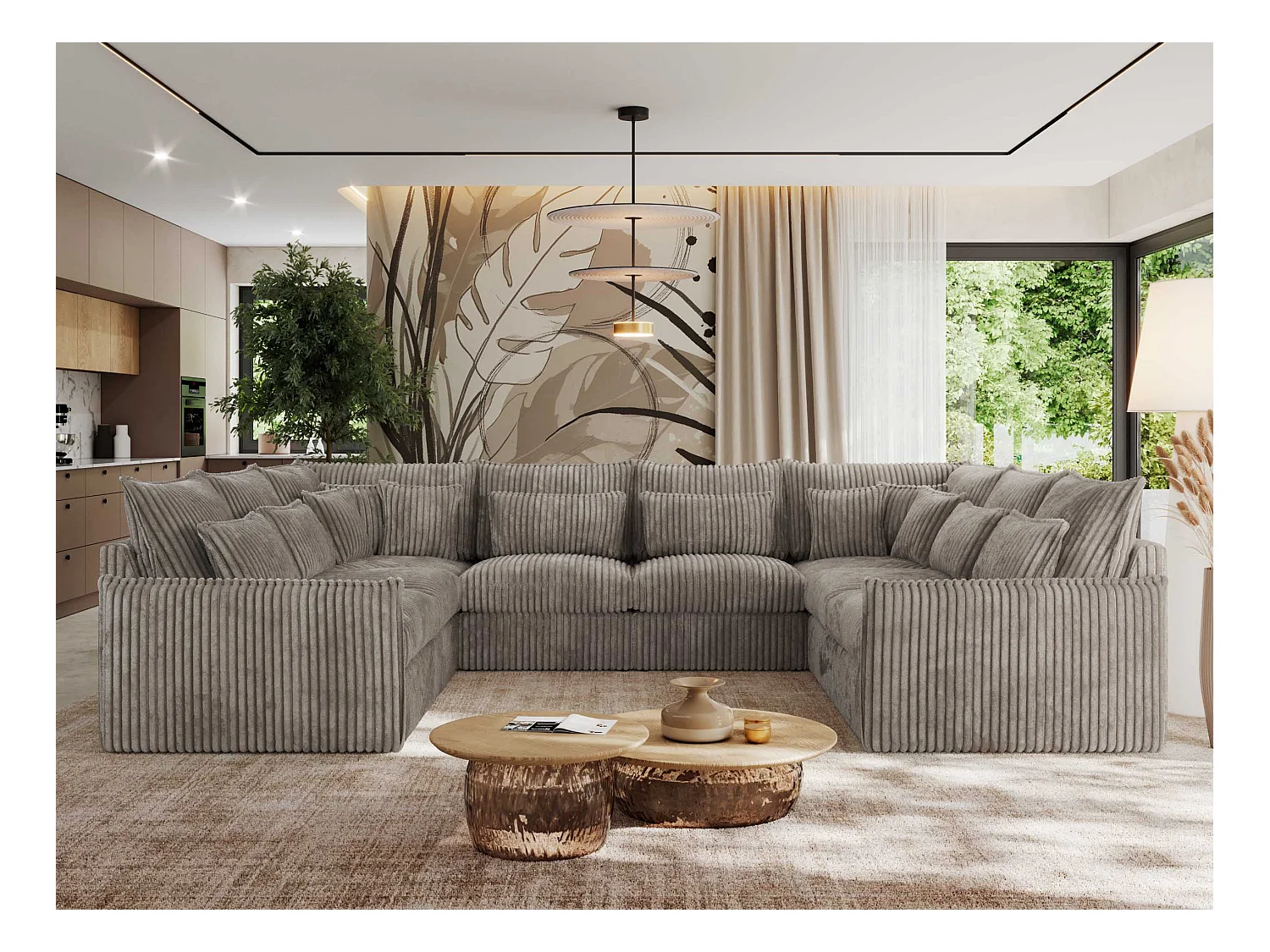 Ecksofa VERSO U8M - modulare U-förmige Ecke mit Armlehnen, Wohnlandschaft, Ecksofa XXL, lose Kissen - Hellbraun Cord