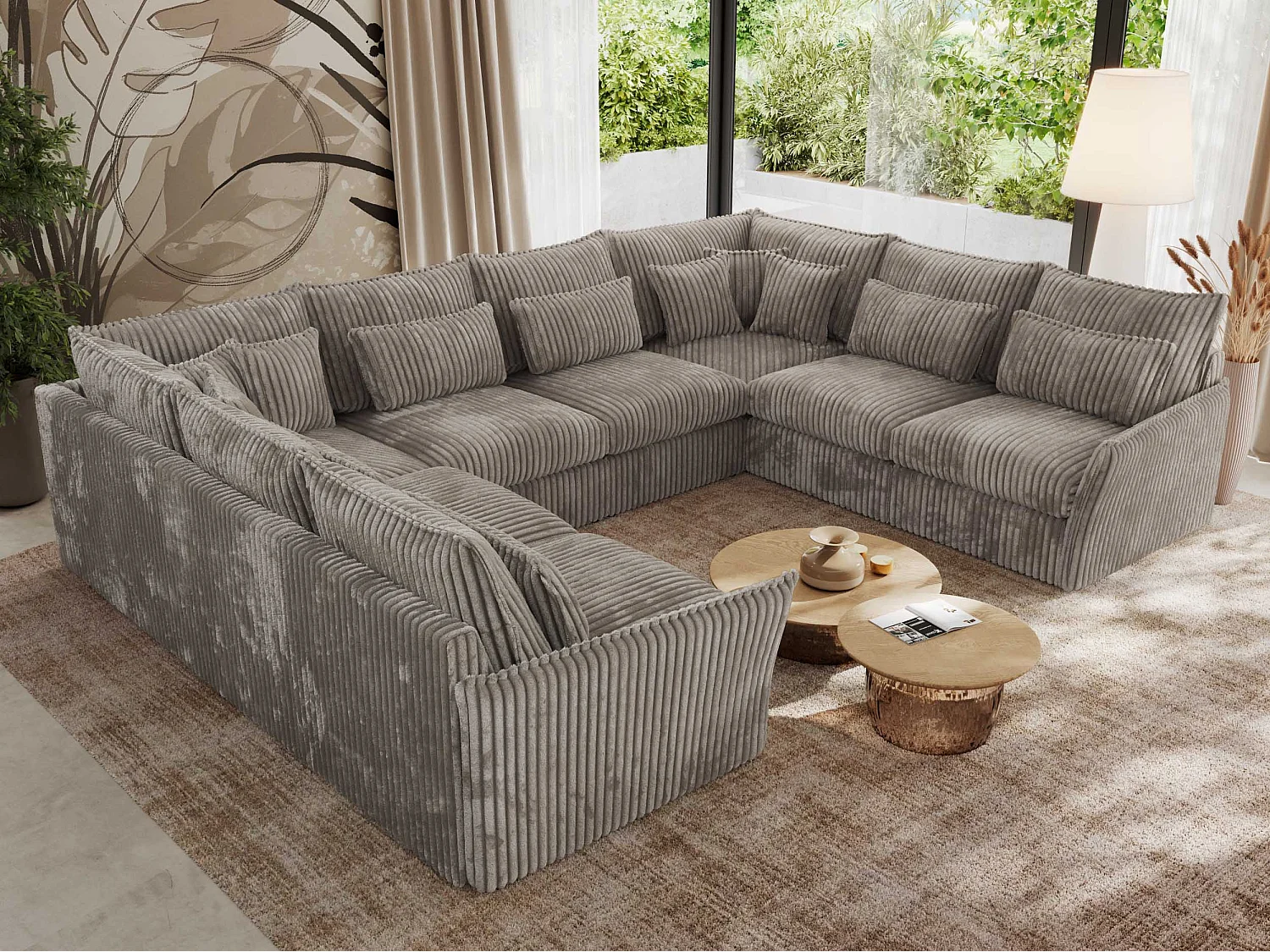 Ecksofa VERSO U8M - modulare U-förmige Ecke mit Armlehnen, Wohnlandschaft, Ecksofa XXL, lose Kissen - Hellbraun Cord