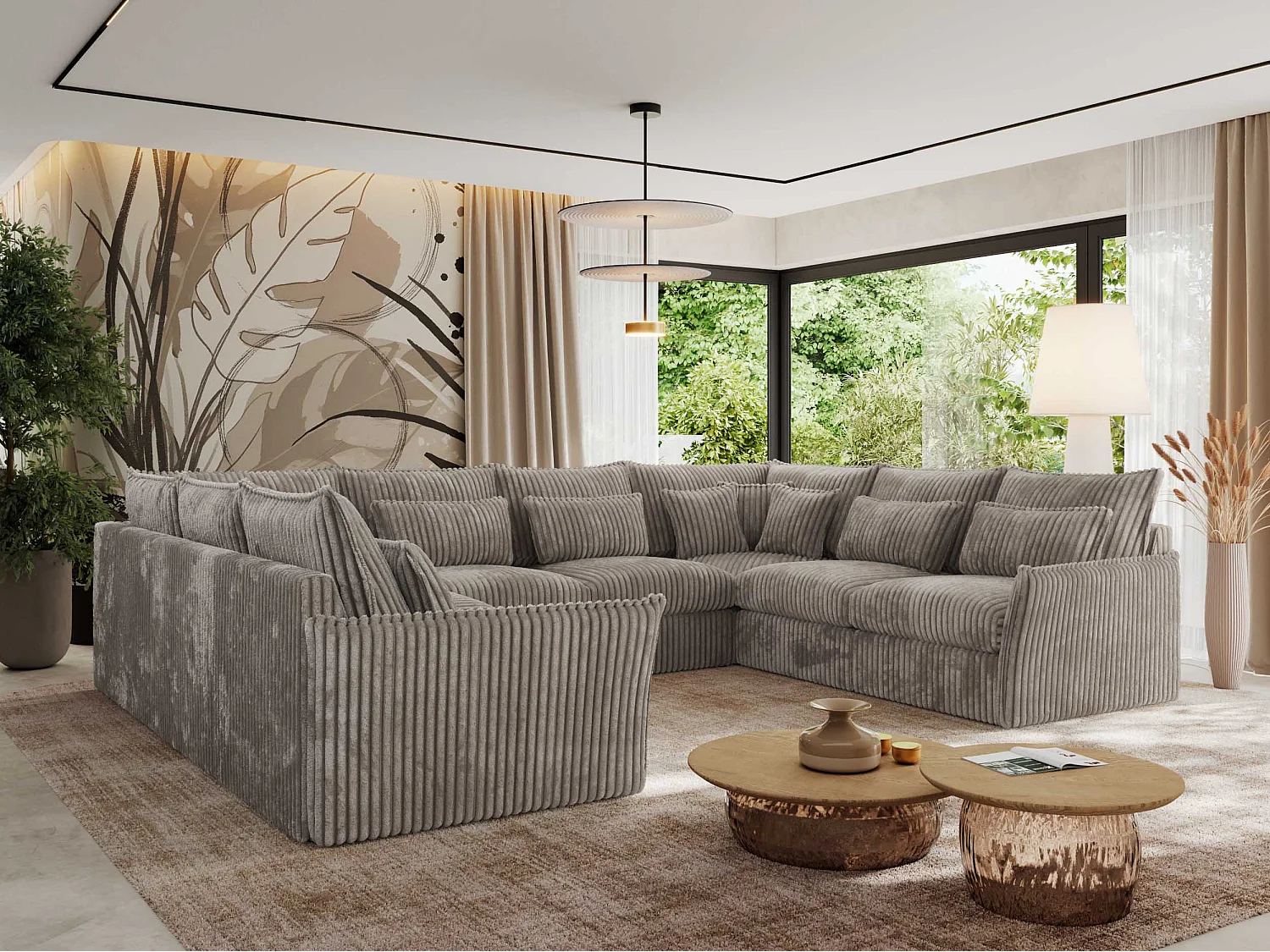 Ecksofa VERSO U8M - modulare U-förmige Ecke mit Armlehnen, Wohnlandschaft, Ecksofa XXL, lose Kissen - Hellbraun Cord