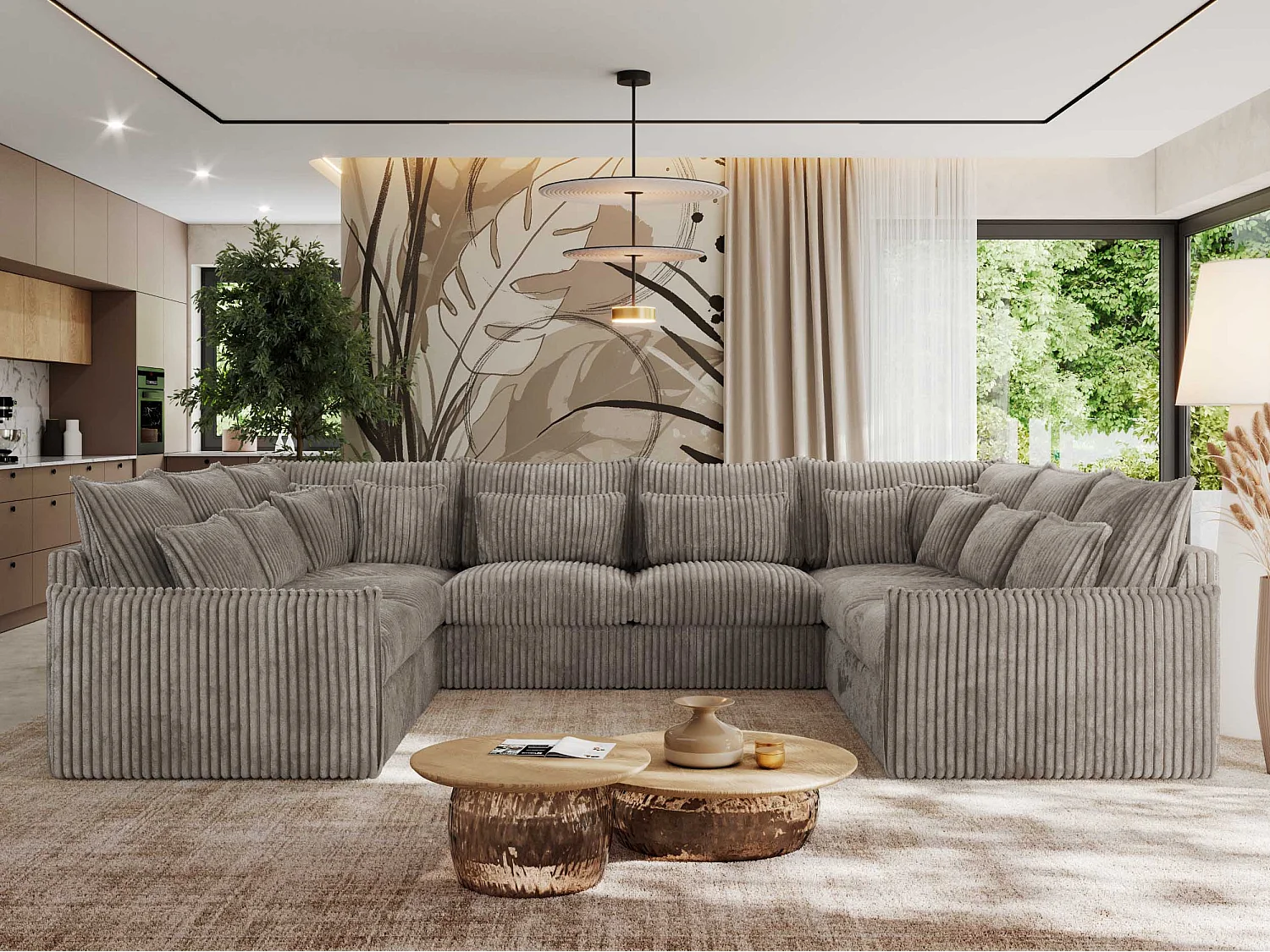 Ecksofa VERSO U8M - modulare U-förmige Ecke mit Armlehnen, Wohnlandschaft, Ecksofa XXL, lose Kissen - Hellbraun Cord