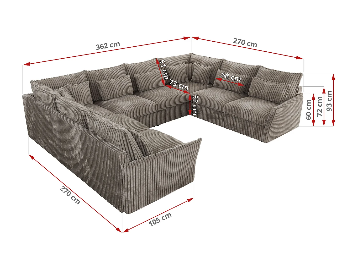 Ecksofa VERSO U8M - modulare U-förmige Ecke mit Armlehnen, Wohnlandschaft, Ecksofa XXL, lose Kissen - Hellbraun Cord