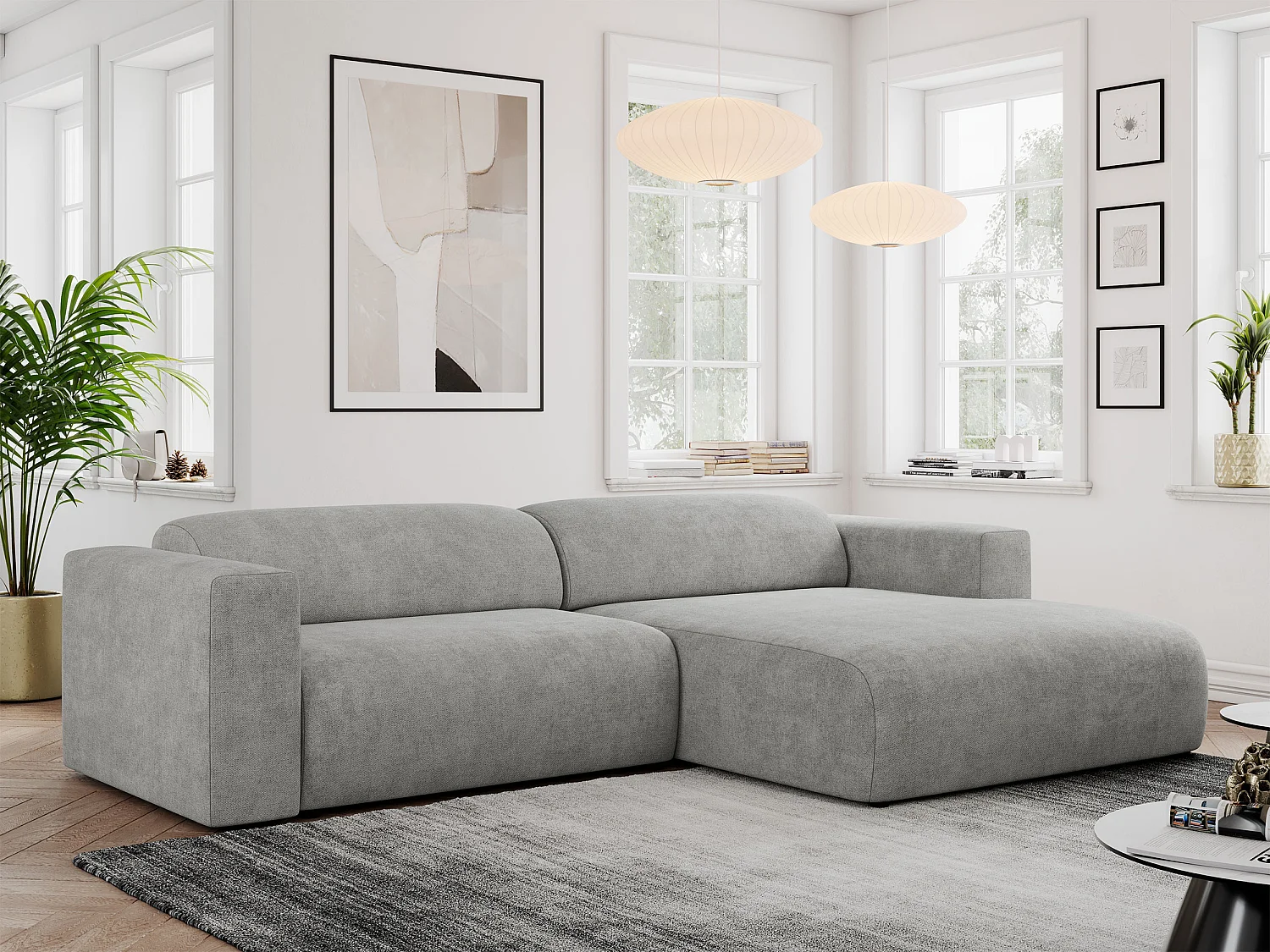 Ecksofa PASADENA - mit Armlehnen, Wohnlandschaft, freistehendes Sofa, große Ecke - Hellgrau Stukture - Ecke Rechts