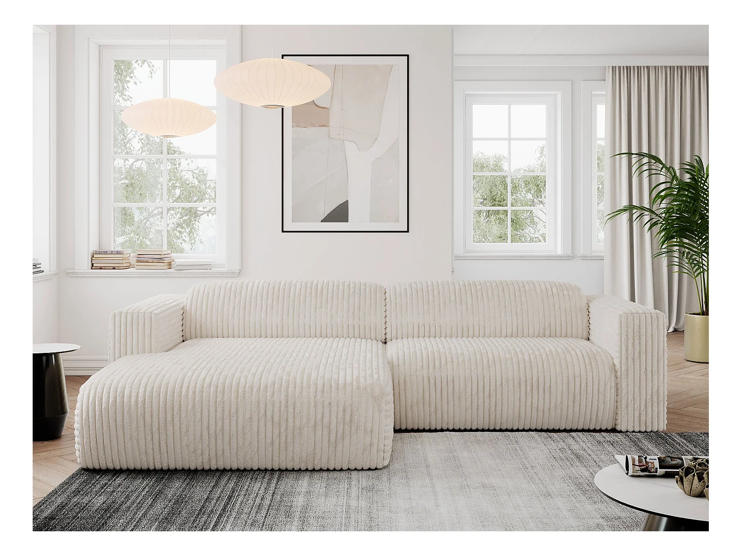 Ecksofa PASADENA - mit Armlehnen, Wohnlandschaft, freistehendes Sofa, große Ecke - Beige Cord - Ecke Links