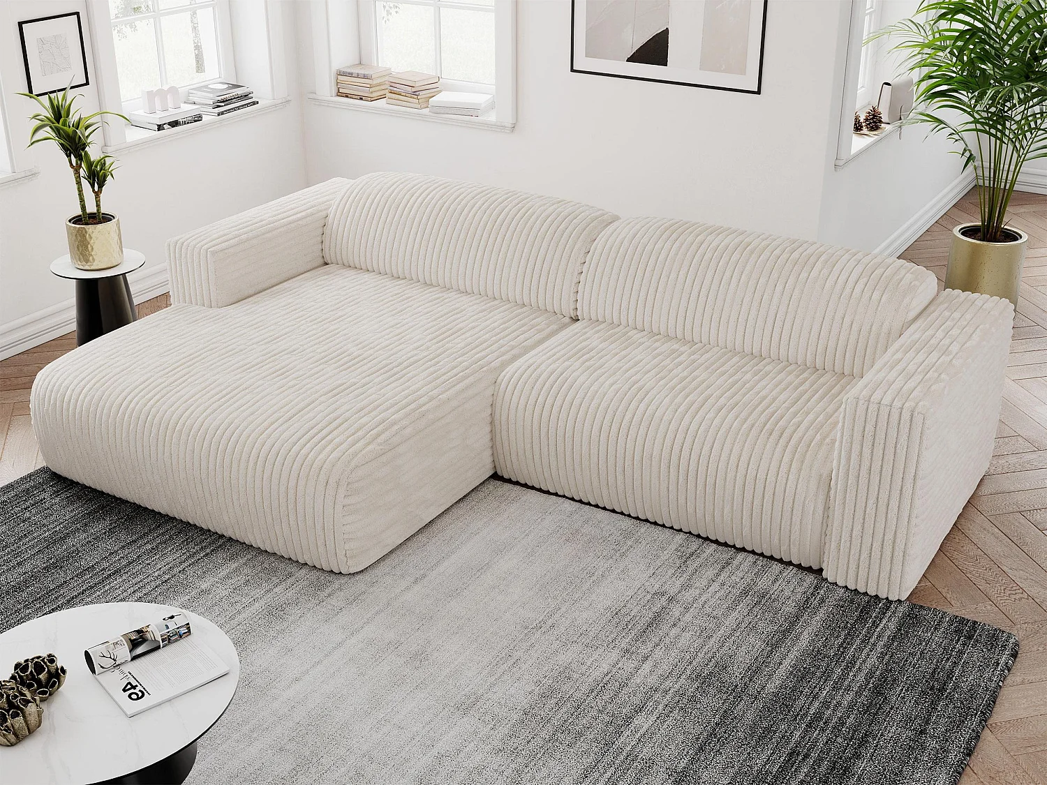 Ecksofa PASADENA - mit Armlehnen, Wohnlandschaft, freistehendes Sofa, große Ecke - Beige Cord - Ecke Links