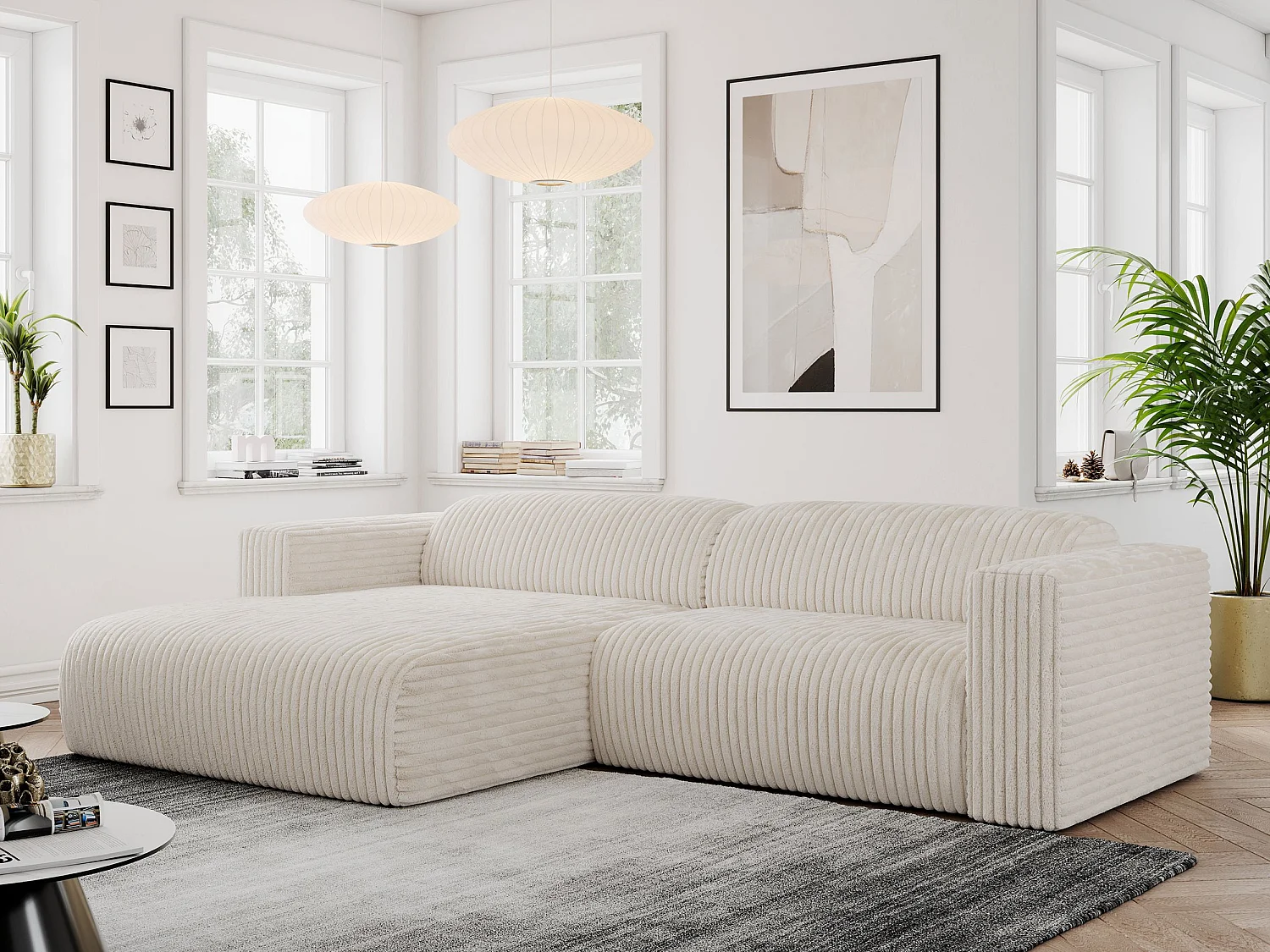 Ecksofa PASADENA - mit Armlehnen, Wohnlandschaft, freistehendes Sofa, große Ecke - Beige Cord - Ecke Links