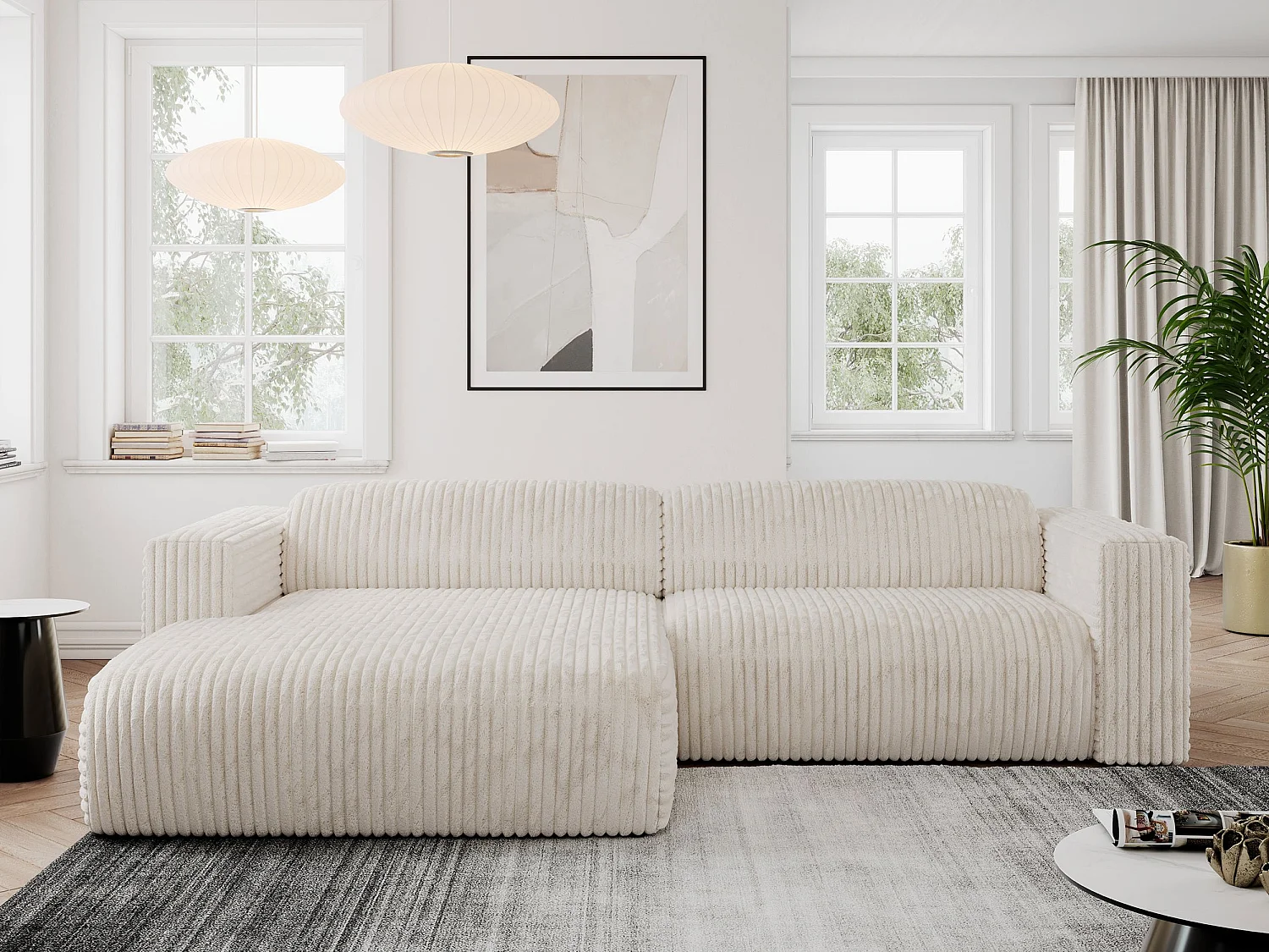 Ecksofa PASADENA - mit Armlehnen, Wohnlandschaft, freistehendes Sofa, große Ecke - Beige Cord - Ecke Links