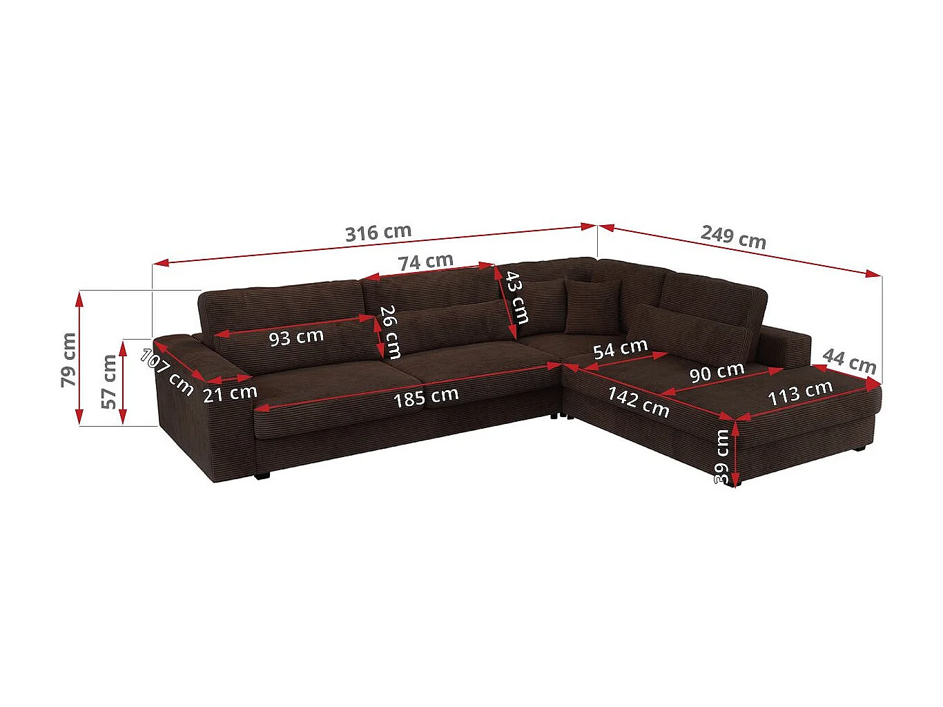 Ecksofa SAVONA - mit Armlehnen, lose Kissen, große L-förmige Ecke, Wohnlandschaft - Braun Cord - Ecke Links