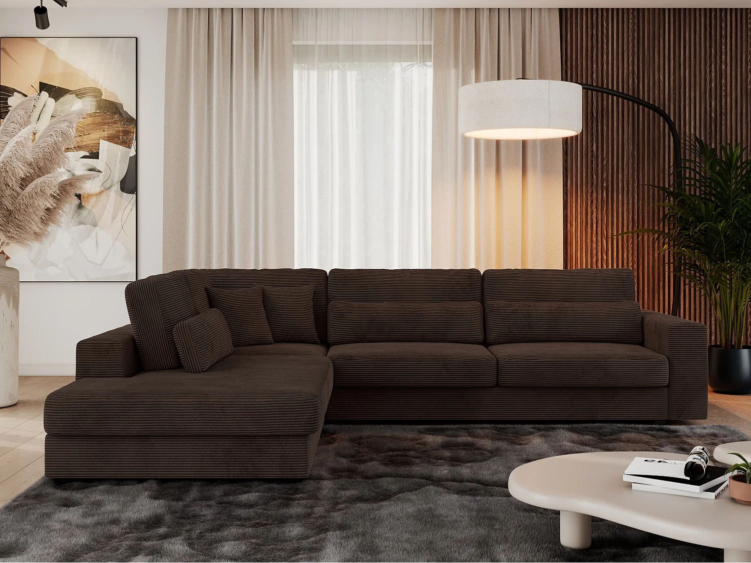 Ecksofa SAVONA - mit Armlehnen, lose Kissen, große L-förmige Ecke, Wohnlandschaft - Braun Cord - Ecke Links
