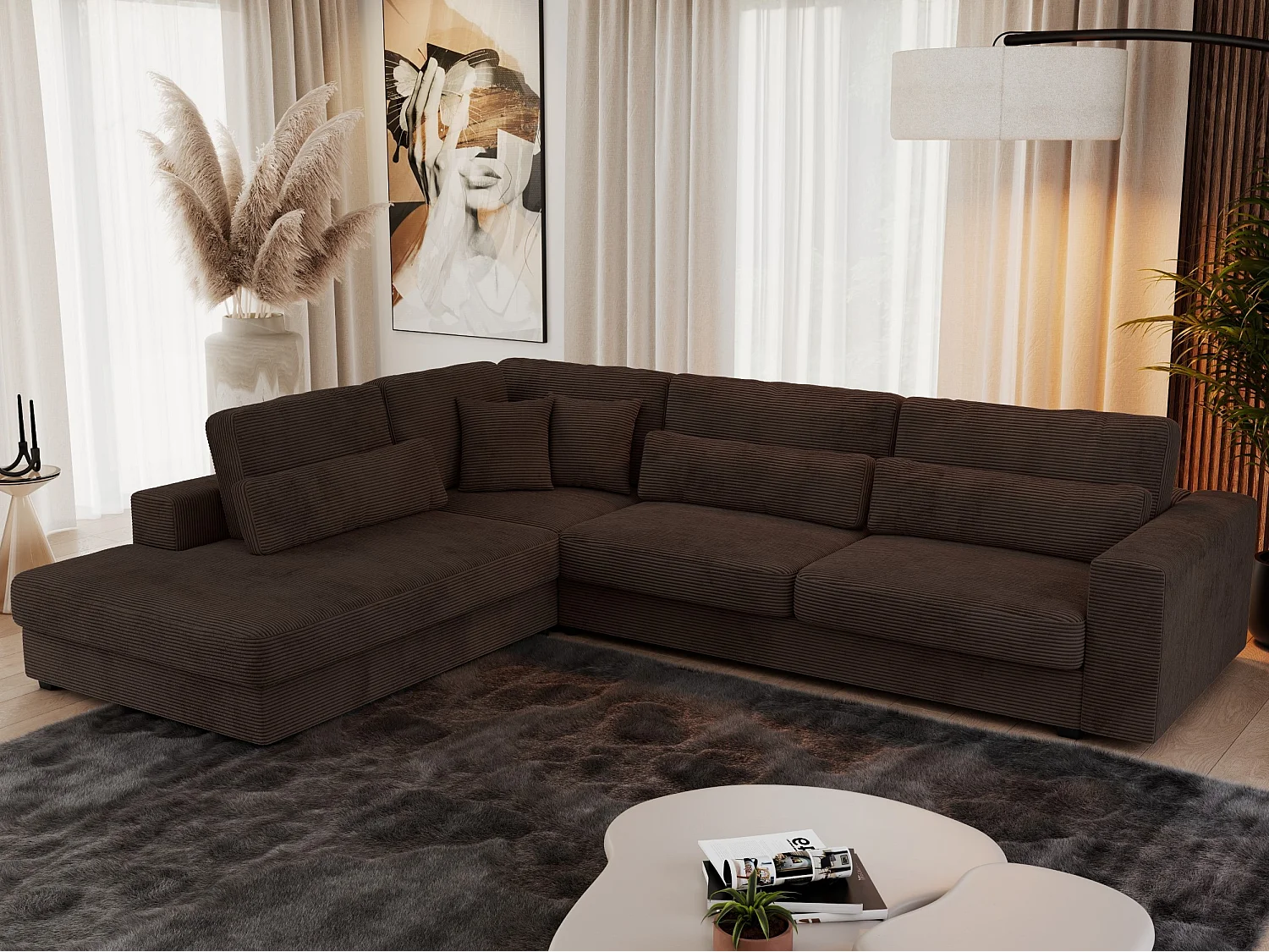 Ecksofa SAVONA - mit Armlehnen, lose Kissen, große L-förmige Ecke, Wohnlandschaft - Braun Cord - Ecke Links
