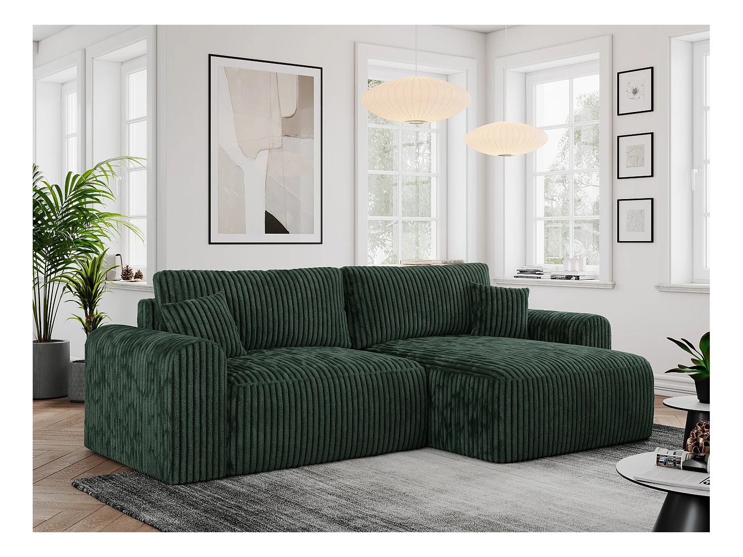 Ecksofa NELSON - Schlafcouch mit Armlehnen und Bettkasten, universelles L-förmige Ecksofa - Grün Cord
