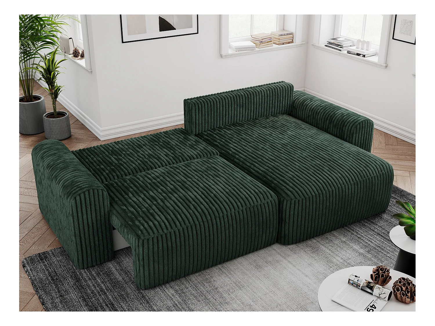 Ecksofa NELSON - Schlafcouch mit Armlehnen und Bettkasten, universelles L-förmige Ecksofa - Grün Cord