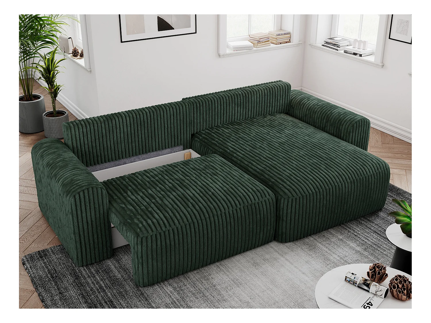 Ecksofa NELSON - Schlafcouch mit Armlehnen und Bettkasten, universelles L-förmige Ecksofa - Grün Cord