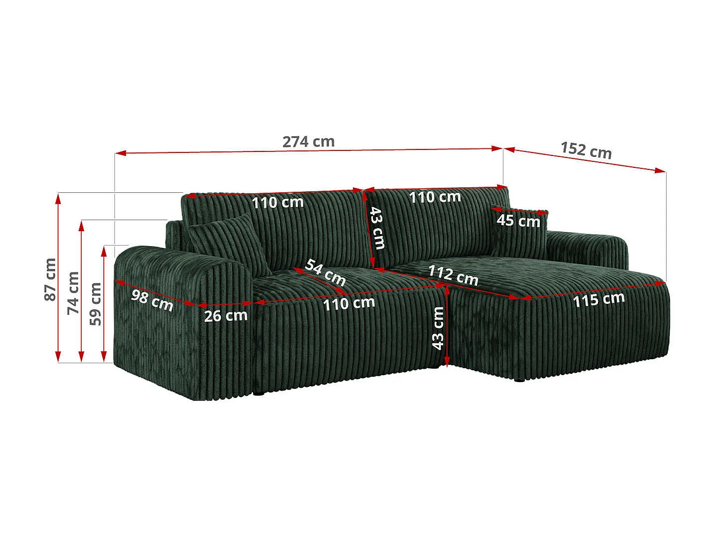 Ecksofa NELSON - Schlafcouch mit Armlehnen und Bettkasten, universelles L-förmige Ecksofa - Grün Cord