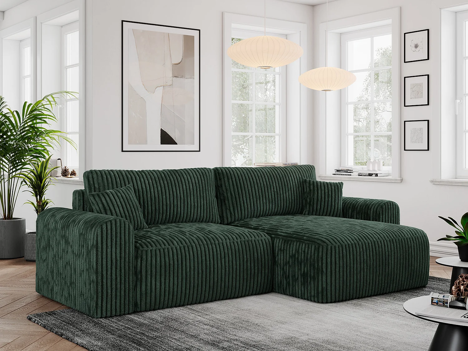 Ecksofa NELSON - Schlafcouch mit Armlehnen und Bettkasten, universelles L-förmige Ecksofa - Grün Cord