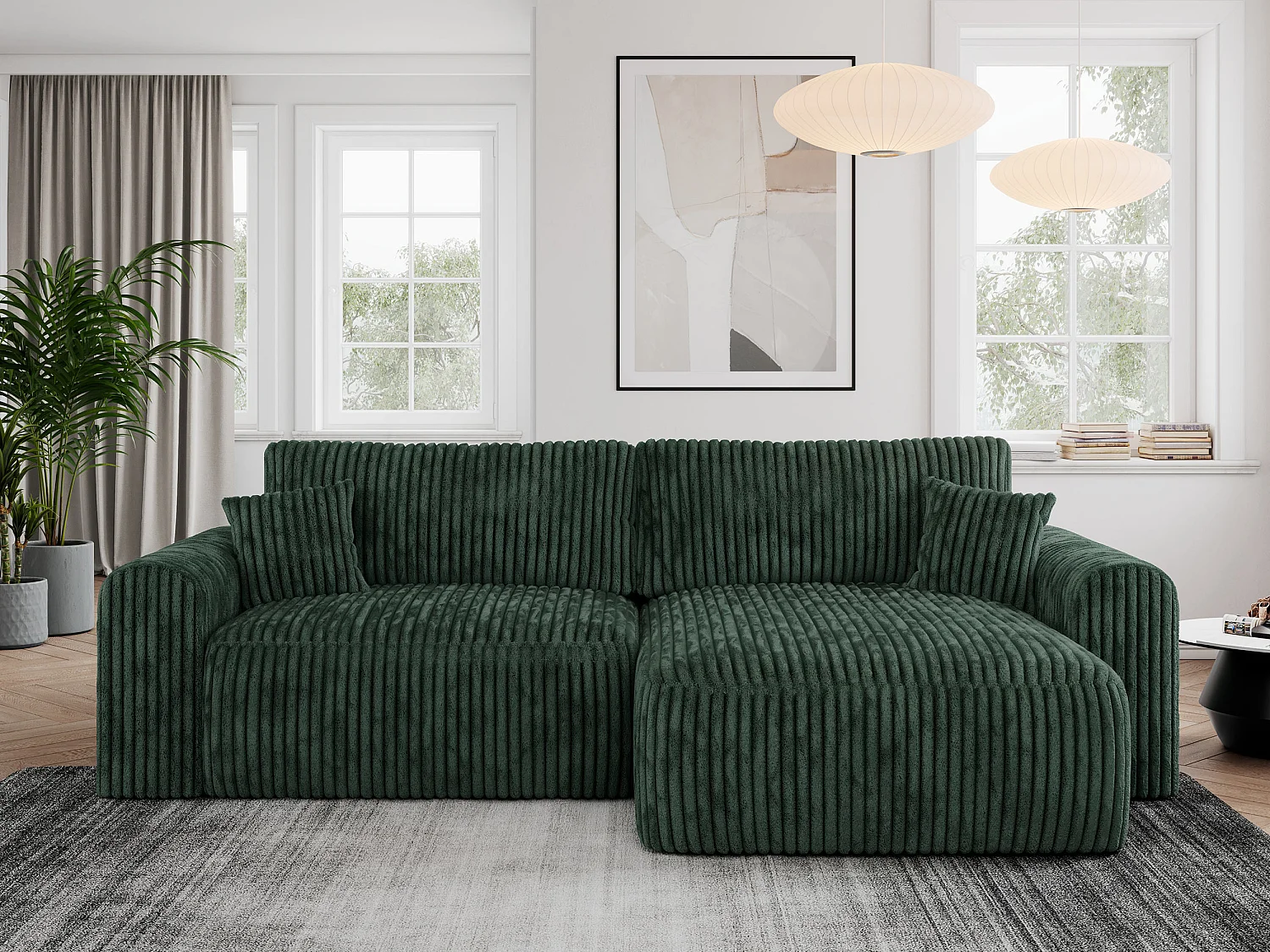 Ecksofa NELSON - Schlafcouch mit Armlehnen und Bettkasten, universelles L-förmige Ecksofa - Grün Cord