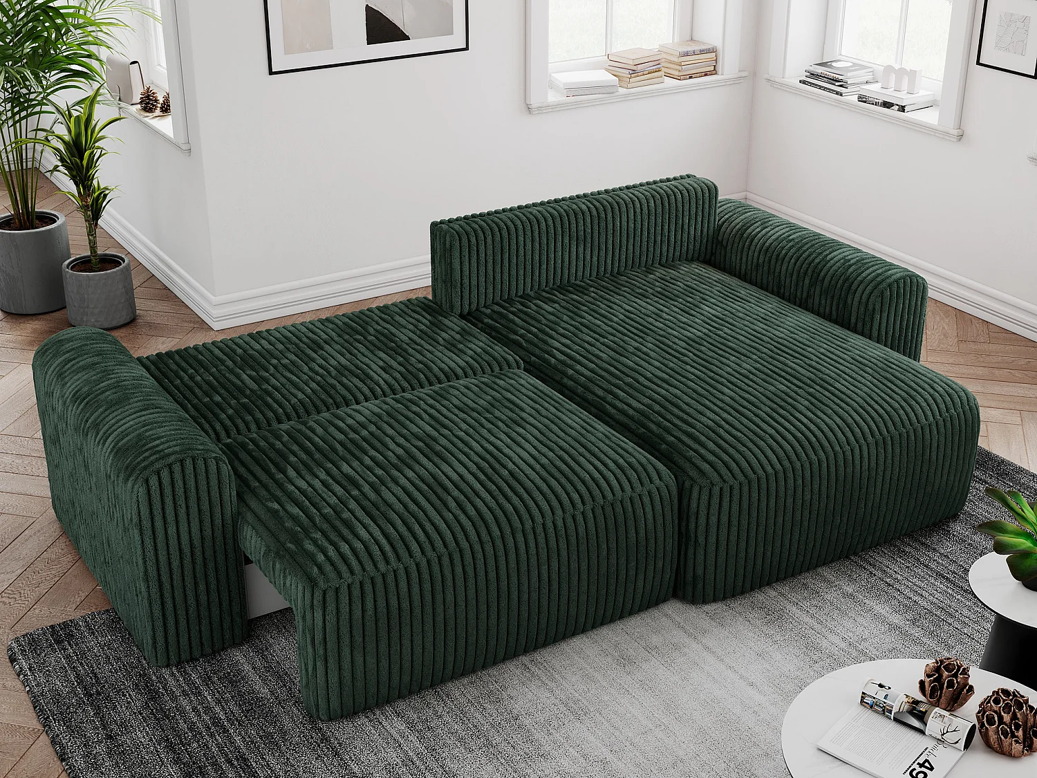 Ecksofa NELSON - Schlafcouch mit Armlehnen und Bettkasten, universelles L-förmige Ecksofa - Grün Cord