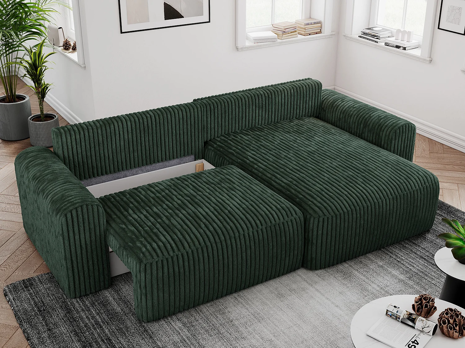 Ecksofa NELSON - Schlafcouch mit Armlehnen und Bettkasten, universelles L-förmige Ecksofa - Grün Cord