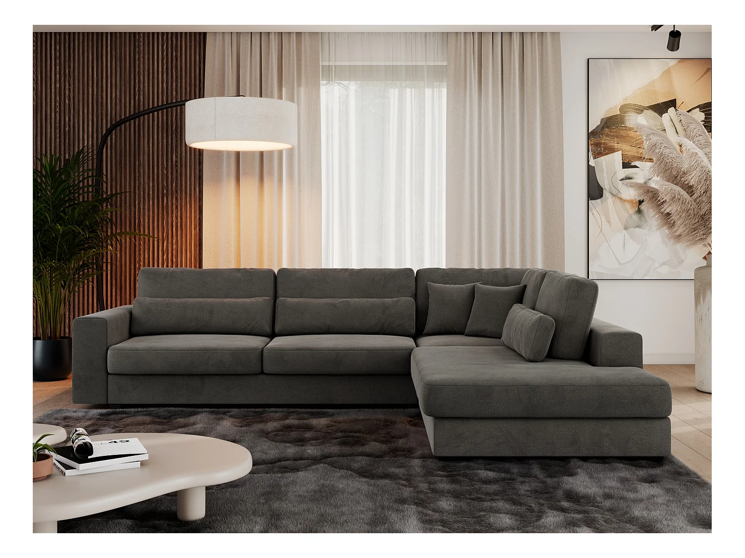 Ecksofa SAVONA - mit Armlehnen, lose Kissen, große L-förmige Ecke, Wohnlandschaft - Dunkelgrau Velvet - Ecke Rechts