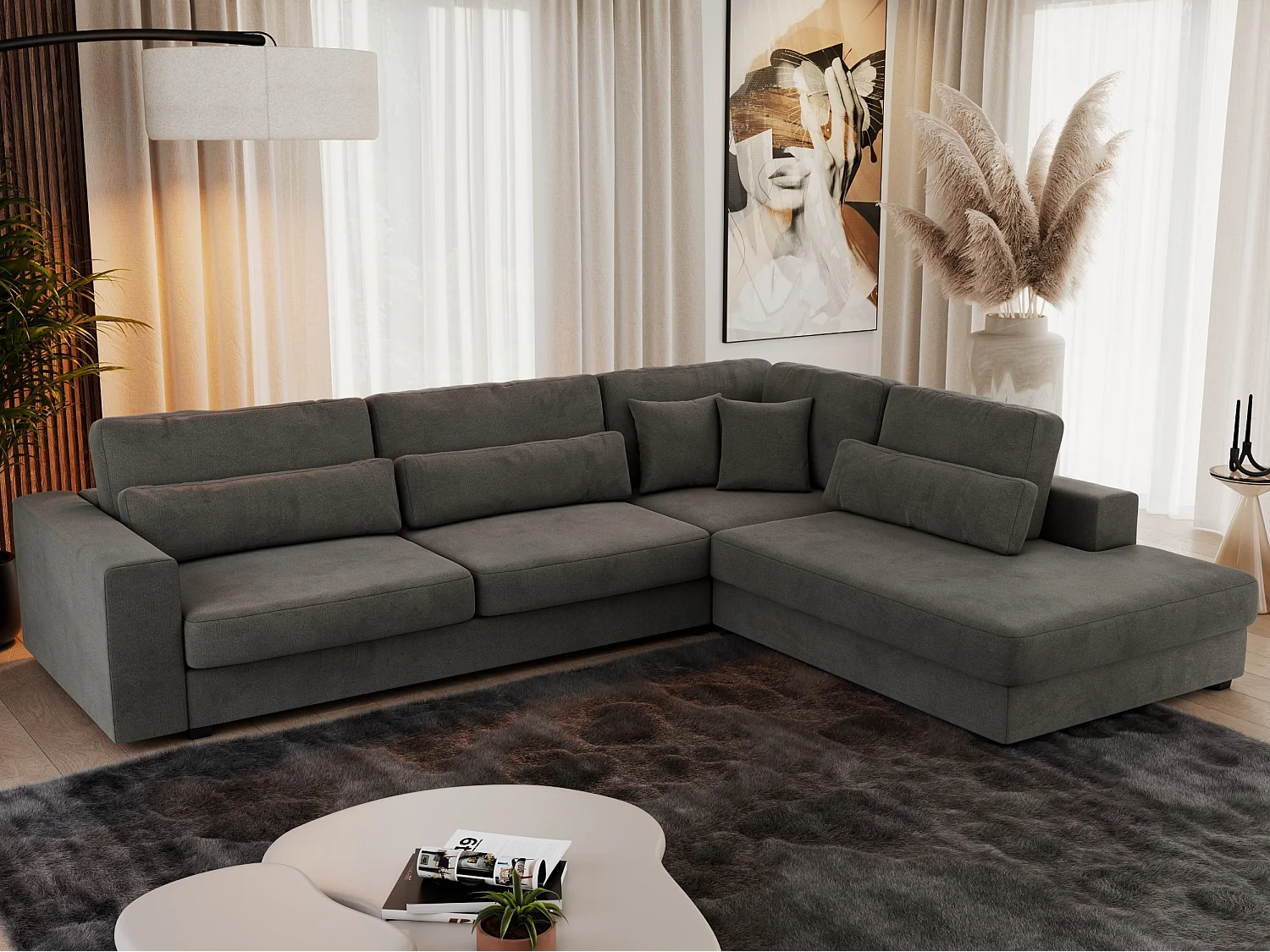 Ecksofa SAVONA - mit Armlehnen, lose Kissen, große L-förmige Ecke, Wohnlandschaft - Dunkelgrau Velvet - Ecke Rechts