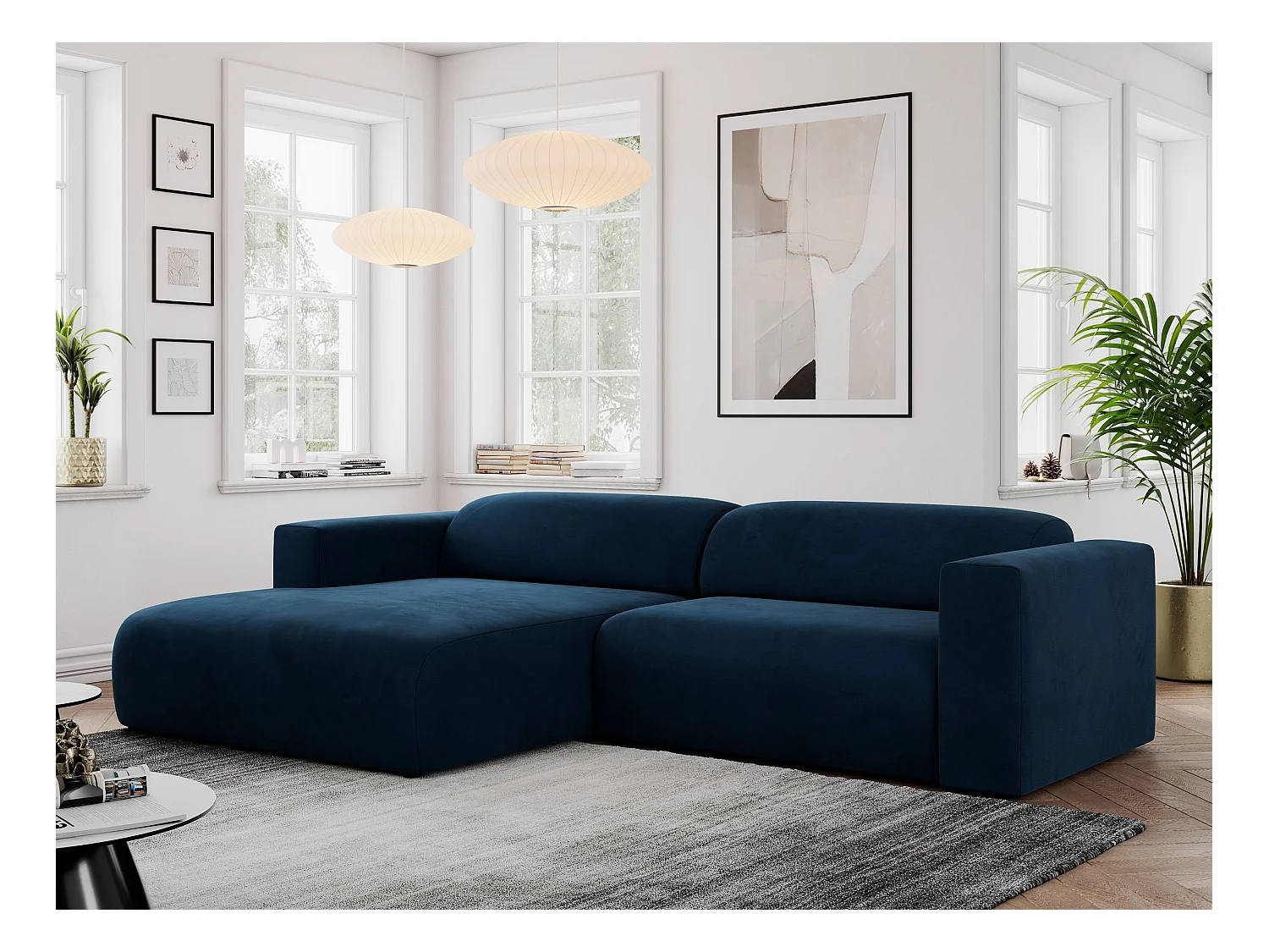 Ecksofa PASADENA - mit Armlehnen, Wohnlandschaft, freistehendes Sofa, große Ecke - Dunkelblau Velvet - Ecke Links