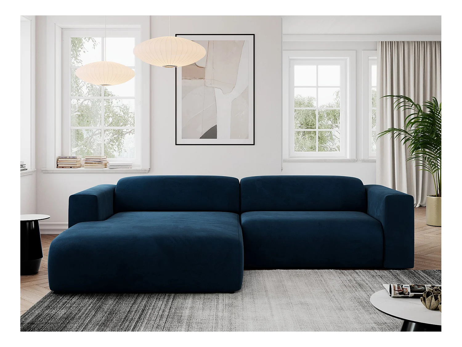 Ecksofa PASADENA - mit Armlehnen, Wohnlandschaft, freistehendes Sofa, große Ecke - Dunkelblau Velvet - Ecke Links