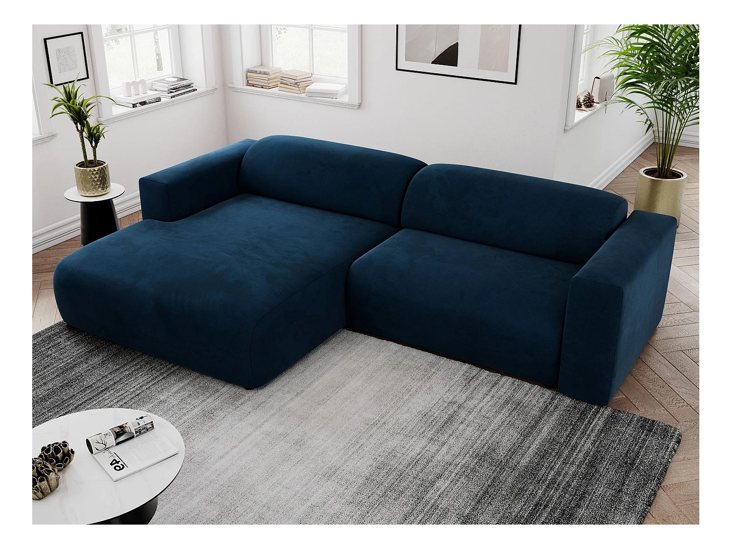 Ecksofa PASADENA - mit Armlehnen, Wohnlandschaft, freistehendes Sofa, große Ecke - Dunkelblau Velvet - Ecke Links